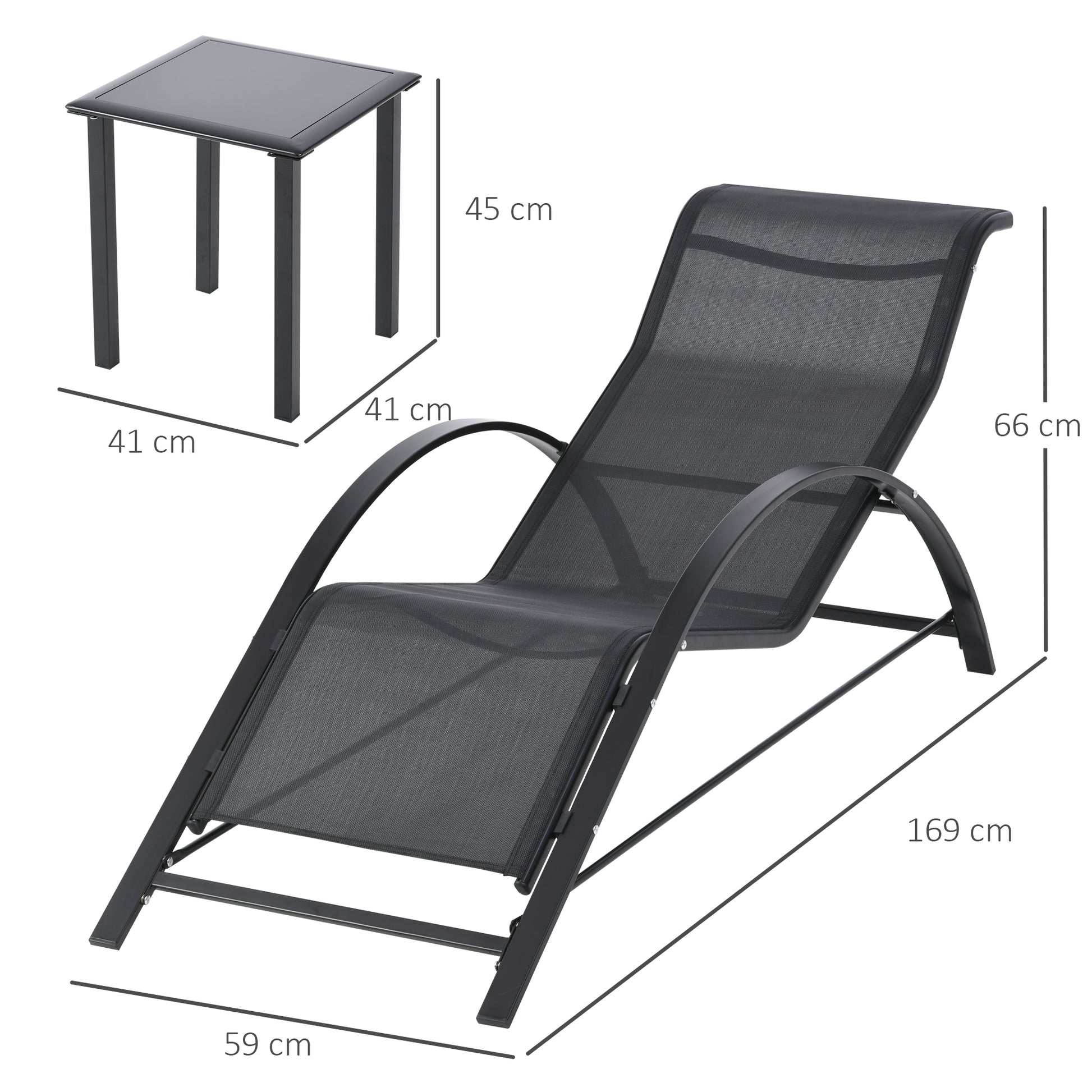 Outsunny Set de 2 Tumbonas Jardín Exterior con Mesa Auxiliar de Vidrio Templado Tumbonas con Respaldo Reposabrazos para Patio Piscina Terraza Exterior Negro