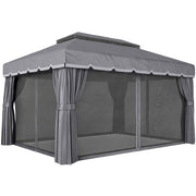 Outsunny Cenador de Jardín 4x3 m, Pabellón de Jardín Gazebo con Doble Techo, 4 Cortinas y Mosquitera, Marco de Aluminio, Orificios de Drenaje, UPF50+, Carpa para Exterior, Terraza, Patio, Gris Oscuro