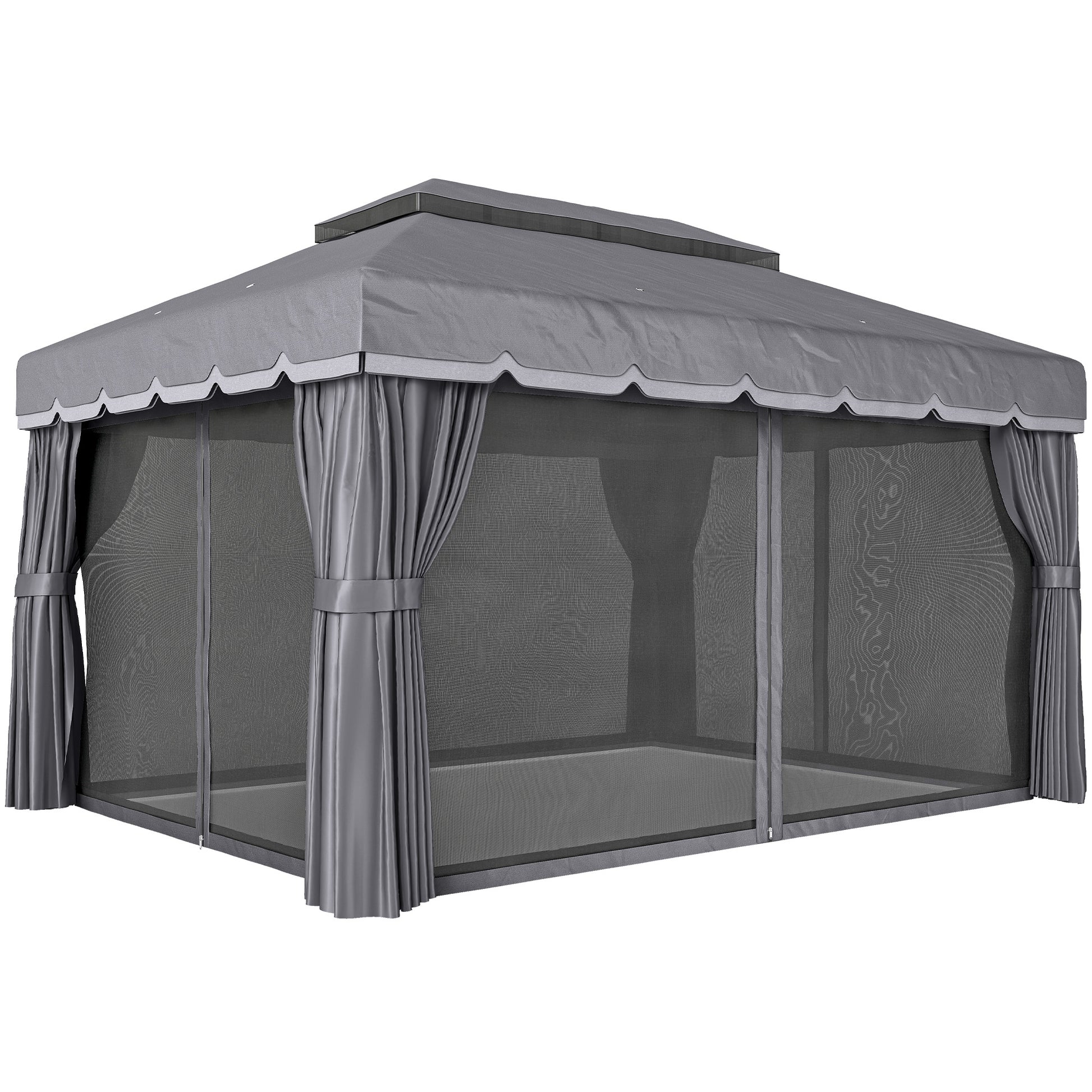 Outsunny Cenador de Jardín 4x3 m, Pabellón de Jardín Gazebo con Doble Techo, 4 Cortinas y Mosquitera, Marco de Aluminio, Orificios de Drenaje, UPF50+, Carpa para Exterior, Terraza, Patio, Gris Oscuro