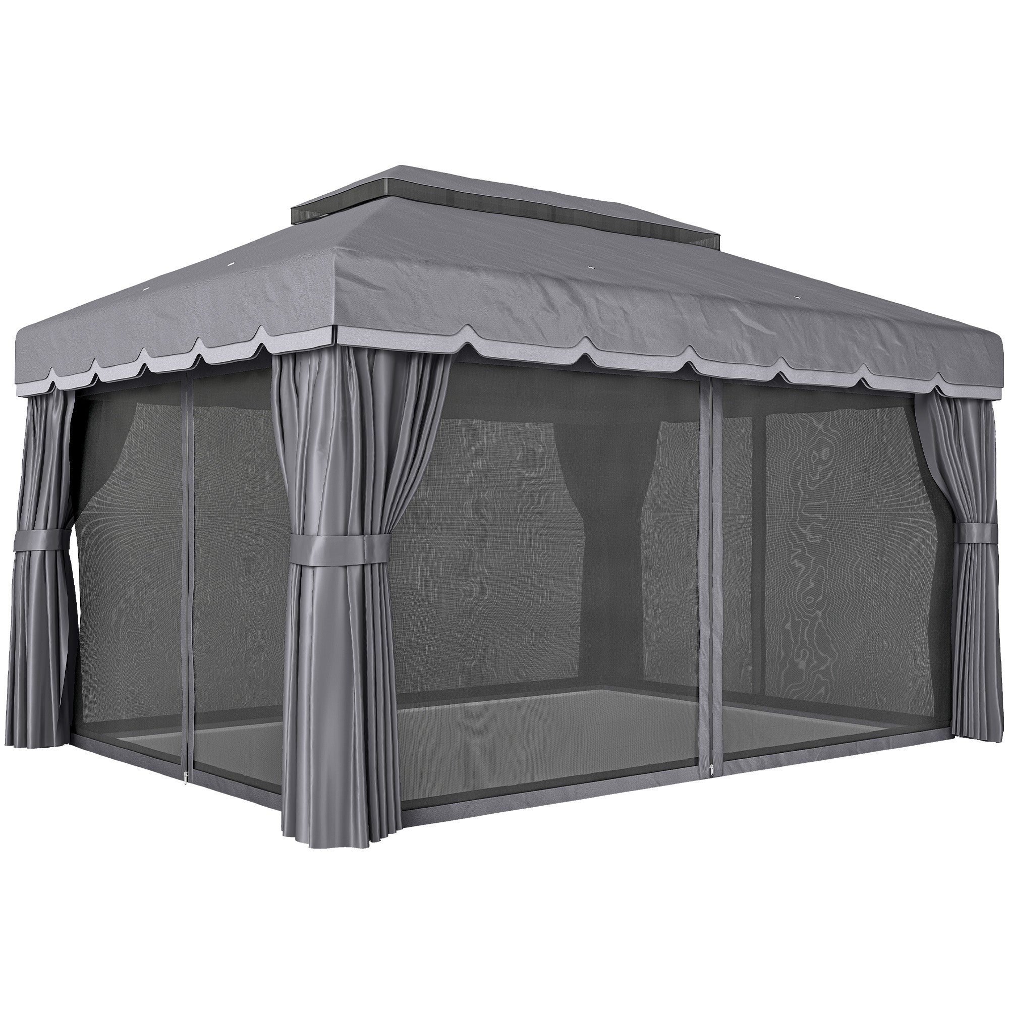 Outsunny Cenador de Jardín 4x3 m, Pabellón de Jardín Gazebo con Doble Techo, 4 Cortinas y Mosquitera, Marco de Aluminio, Orificios de Drenaje, UPF50+, Carpa para Exterior, Terraza, Patio, Gris Oscuro