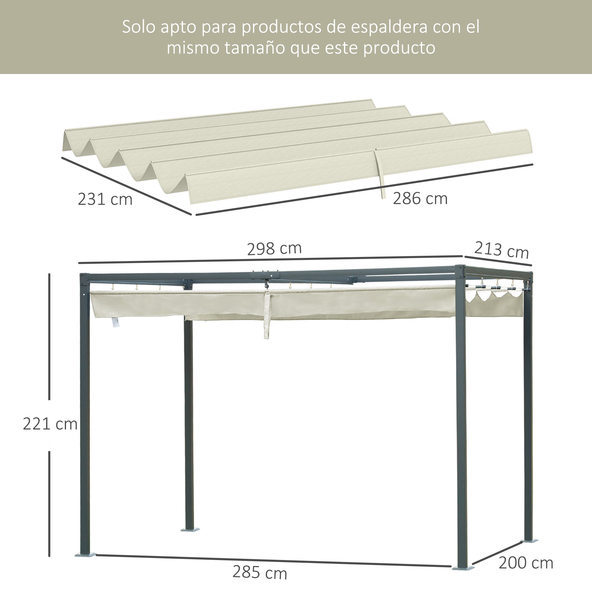 Outsunny Techo de Pérgola 3x2,5 m Techo de Repuesto Retráctil para Sombrilla Toldo de Tela para Cenador Jardín con 8 Orificios de Drenaje Crema