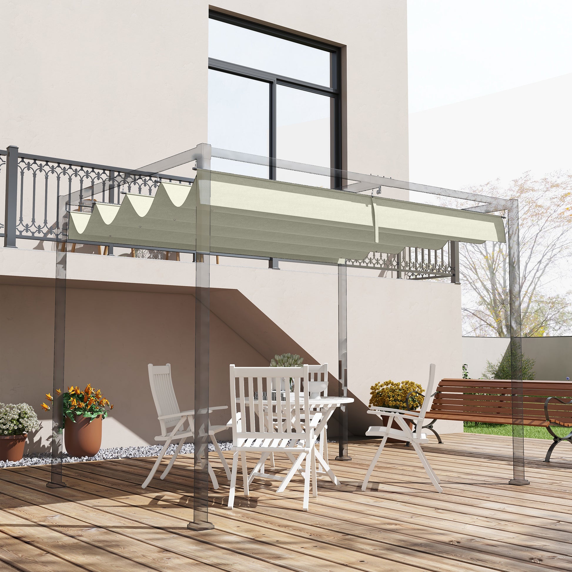 Outsunny Techo de Pérgola 3x2,5 m Techo de Repuesto Retráctil para Sombrilla Toldo de Tela para Cenador Jardín con 8 Orificios de Drenaje Crema