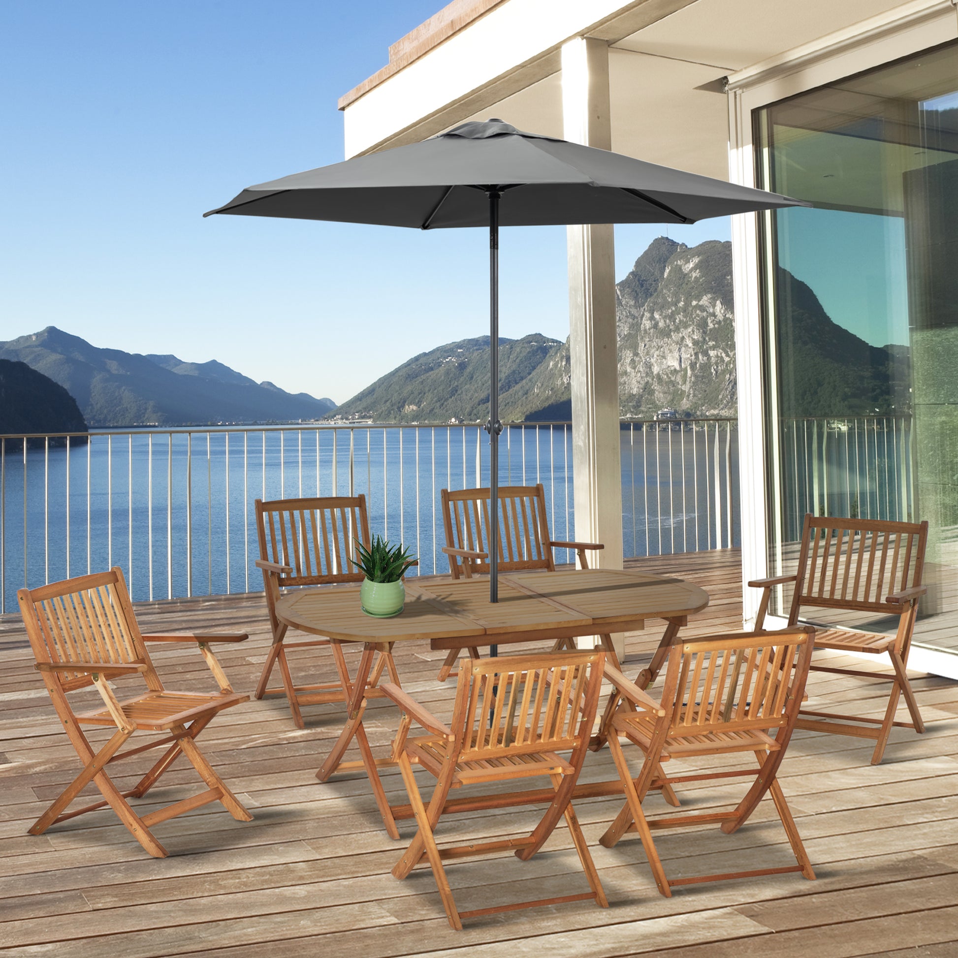 Outsunny Conjunto de Jardín de Madera Plegable 7 Piezas Mueble de Jardín Mesa de Comedor 160x85x72 cm con Agujero para Sombrilla Ø38mm 6 Sillas 60x55x91 cm para Terraza Balcón Exterior Teca