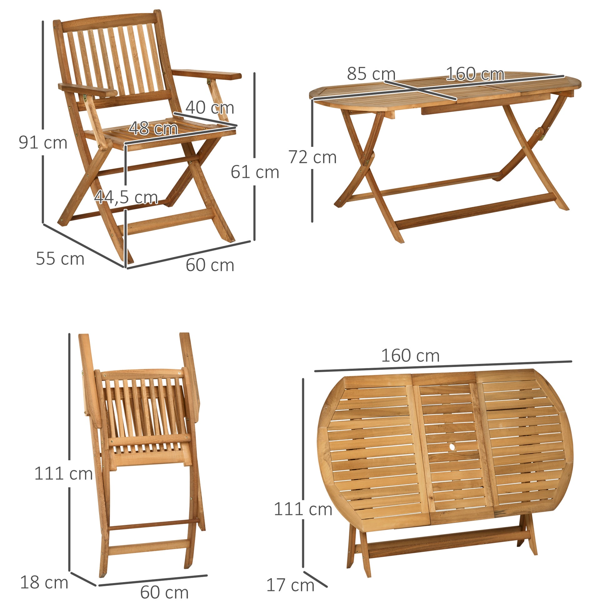 Outsunny Conjunto de Jardín de Madera Plegable 7 Piezas Mueble de Jardín Mesa de Comedor 160x85x72 cm con Agujero para Sombrilla Ø38mm 6 Sillas 60x55x91 cm para Terraza Balcón Exterior Teca