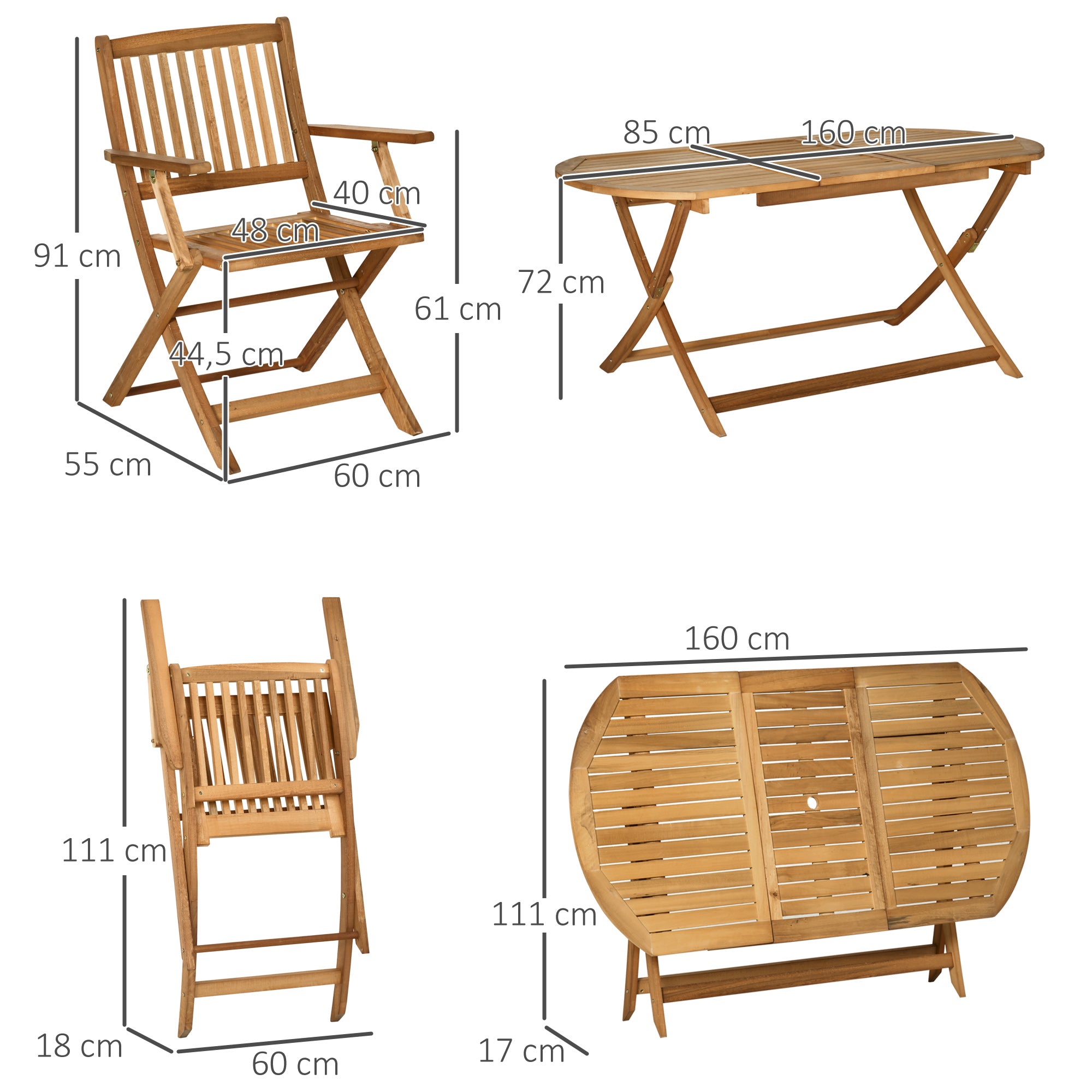 Outsunny Conjunto de Jardín de Madera Plegable 7 Piezas Mueble de Jardín Mesa de Comedor 160x85x72 cm con Agujero para Sombrilla Ø38mm 6 Sillas 60x55x91 cm para Terraza Balcón Exterior Teca