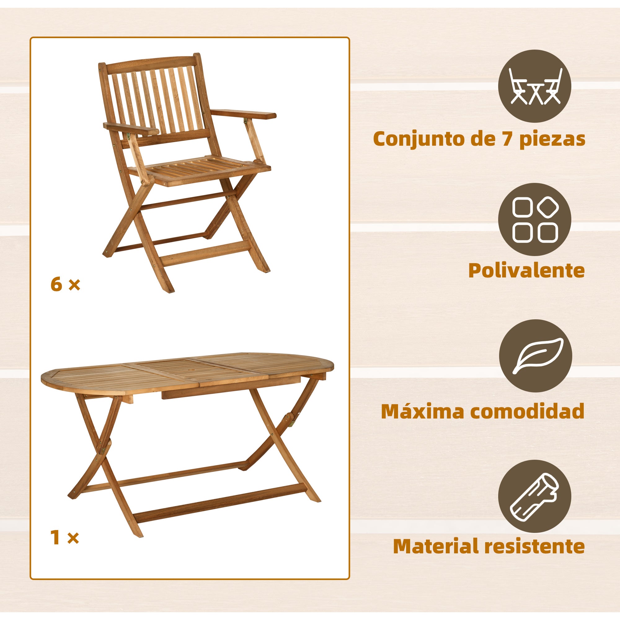 Outsunny Conjunto de Jardín de Madera Plegable 7 Piezas Mueble de Jardín Mesa de Comedor 160x85x72 cm con Agujero para Sombrilla Ø38mm 6 Sillas 60x55x91 cm para Terraza Balcón Exterior Teca