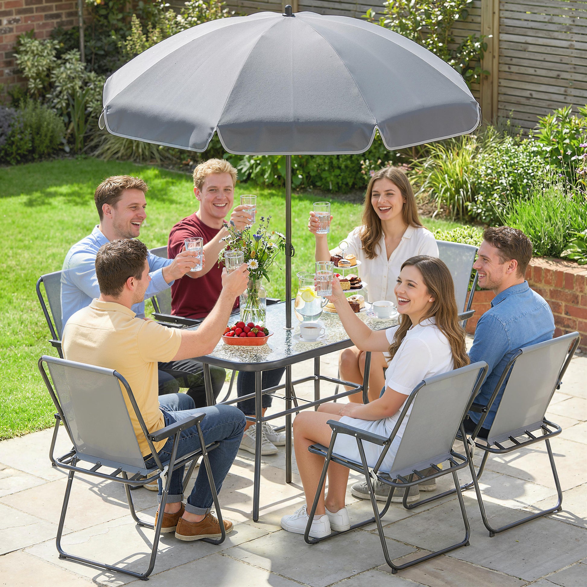 Outsunny Conjunto de Mesa y Sillas Jardín de 8 Piezas, Muebles de Jardín Exterior con Sombrilla, 6 Sillas Plegables, Mesa de Vidrio Templado, para Terraza, Patio, Gris