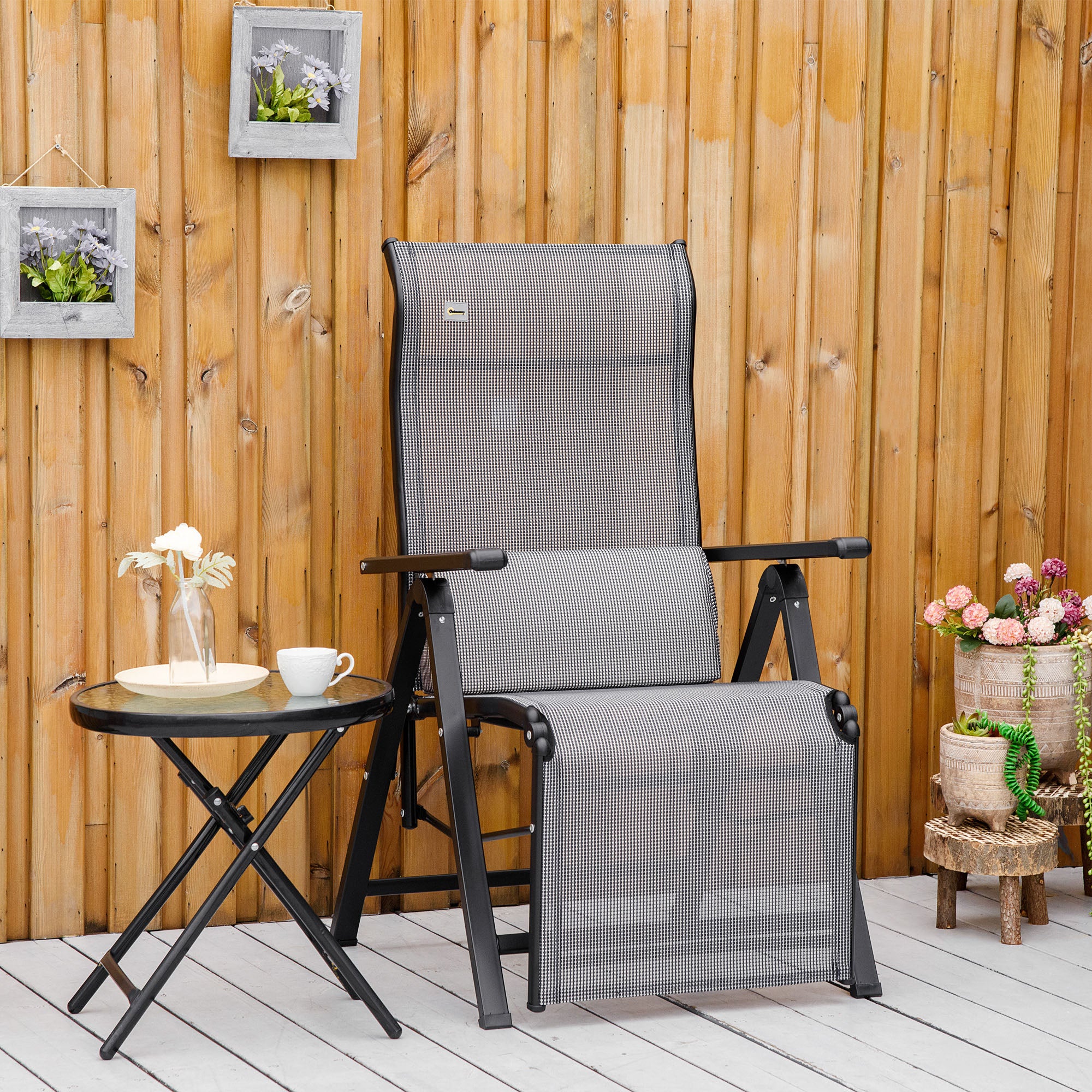 Outsunny Tumbona Plegable de Jardín, Tumbona Gravedad Cero con Respaldo Ajustable en 9 Posiciones, con Cojín, para Terraza, Piscina, Playa, Carga 150 kg, 70x65x111 cm, Gris