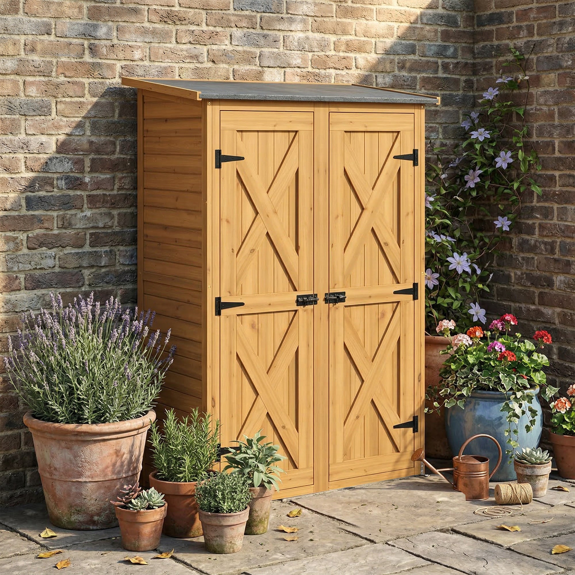 Outsunny Caseta de Jardín de Madera 115x53x156 cm Cobertizo Jardín Exterior Armario Exterior para Herramientas con Puertas Dobles con Pestillo 2 Estantes y Techo Inclinado Fijación con Estacas Marrón