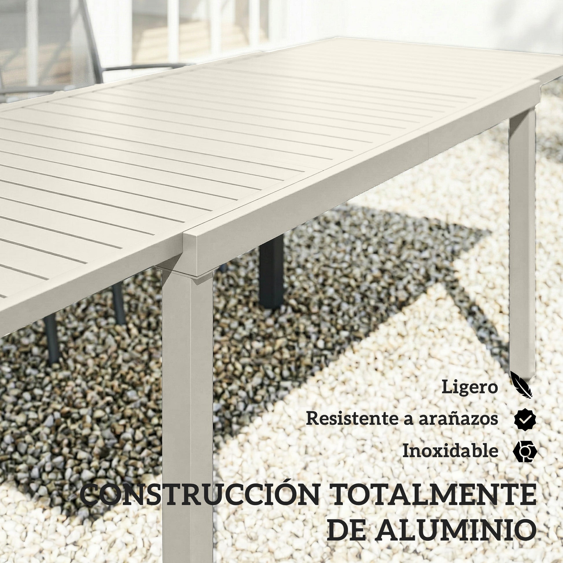 Outsunny Mesa de Jardín Extensible 150/225x85x75 cm, Mesa de Comedor Exterior Extensible Rectangular de Aluminio, con Tablero de Listones para 6-8 Personas, para Patio, Terraza, Blanco