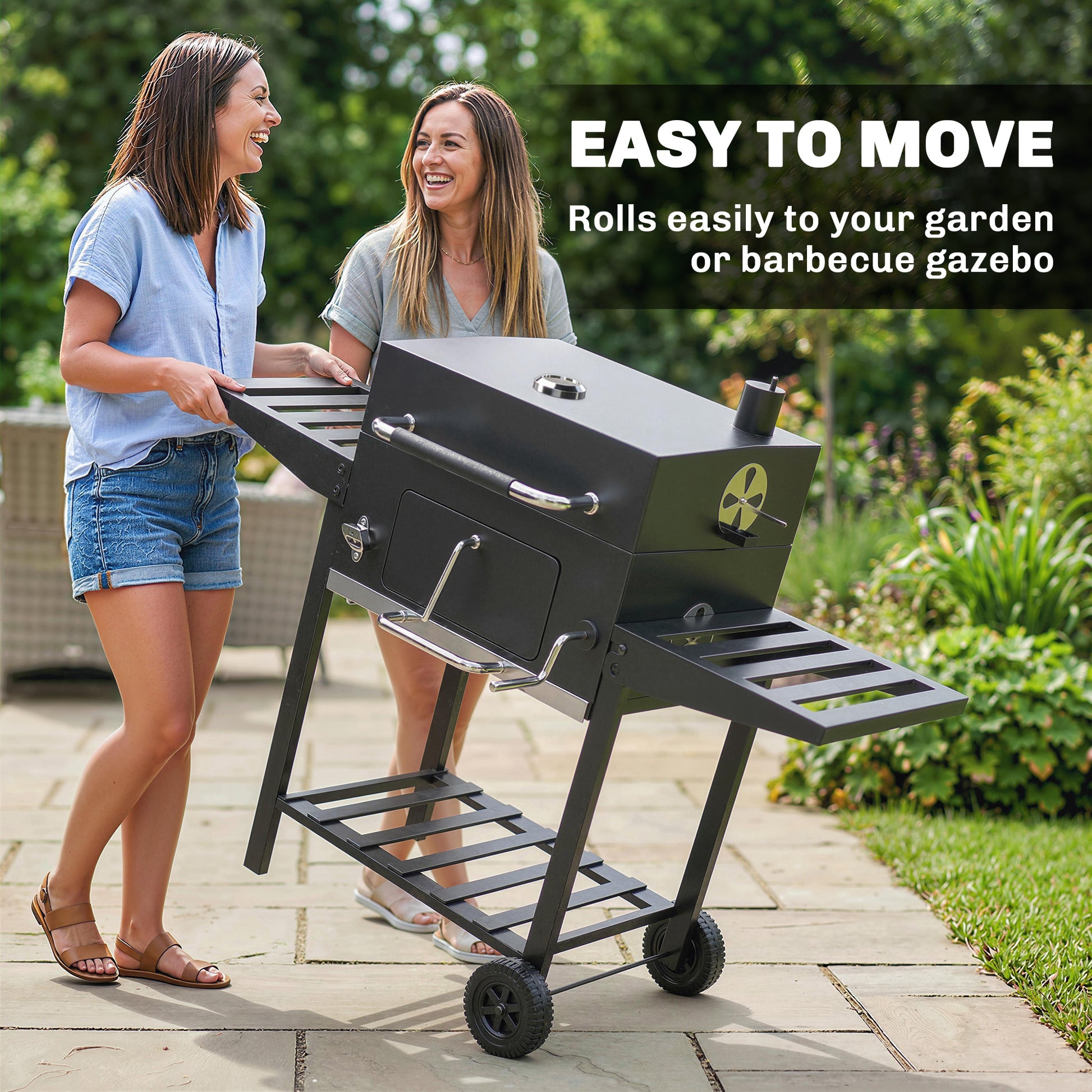 Outsunny Barbacoa de Carbón Portátil, Barbacoa de Carbón Móvil con Bandeja Ajustable, Estantes Plegables, Termómetro, Tapa, Chimenea, Ventilaciones, Cajón de Cenizas, Ruedas, Cesta Lateral, Asa, Negro