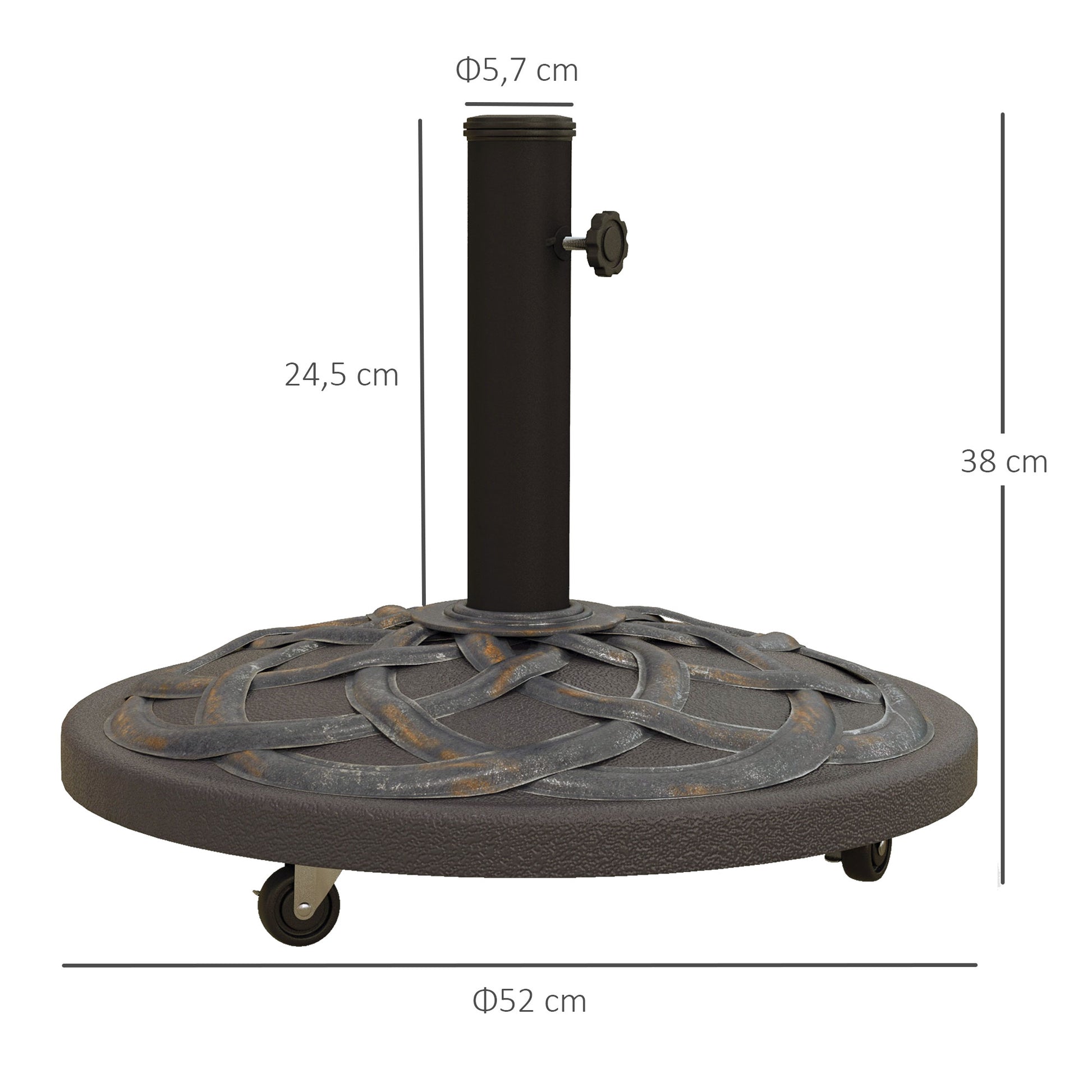 Outsunny Base de Sombrilla Peso 25 kg Soporte para Parasol Redondo de Metal y Cemento para Poste de Parasol de Ø34/38/48 mm con 4 Ruedas para Terraza Jardín Playa Ø52x38 cm Bronce