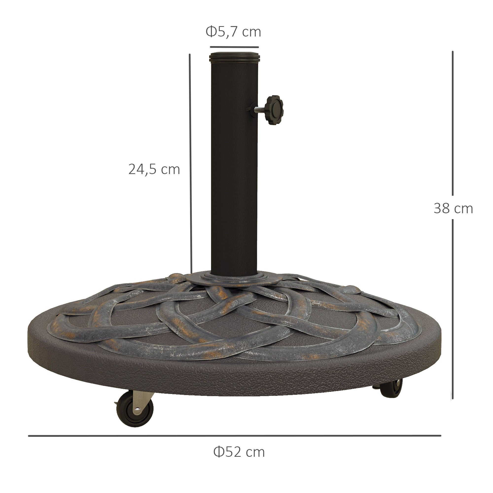 Outsunny Base de Sombrilla Peso 25 kg Soporte para Parasol Redondo de Metal y Cemento para Poste de Parasol de Ø34/38/48 mm con 4 Ruedas para Terraza Jardín Playa Ø52x38 cm Bronce