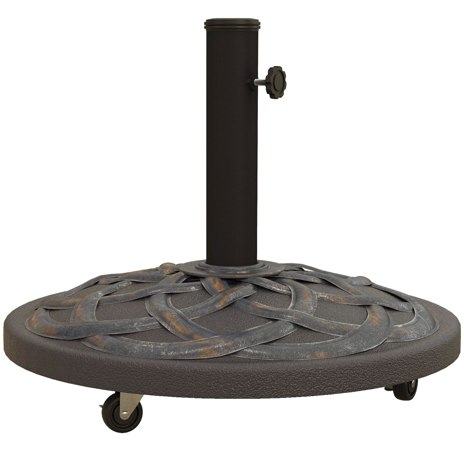 Outsunny Base de Sombrilla Peso 25 kg Soporte para Parasol Redondo de Metal y Cemento para Poste de Parasol de Ø34/38/48 mm con 4 Ruedas para Terraza Jardín Playa Ø52x38 cm Bronce