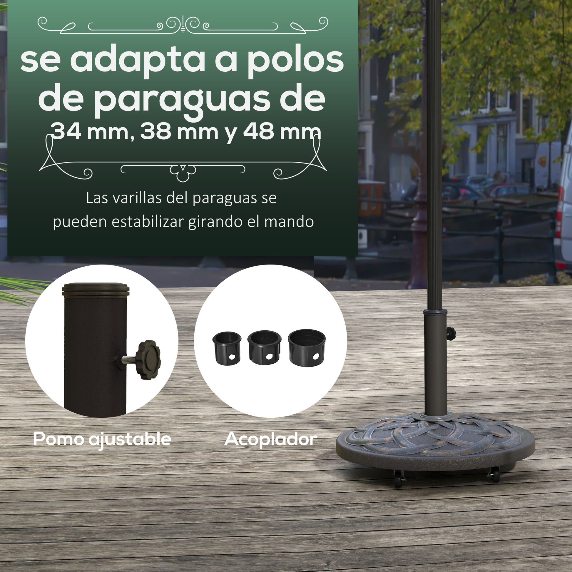 Outsunny Base de Sombrilla Peso 25 kg Soporte para Parasol Redondo de Metal y Cemento para Poste de Parasol de Ø34/38/48 mm con 4 Ruedas para Terraza Jardín Playa Ø52x38 cm Bronce