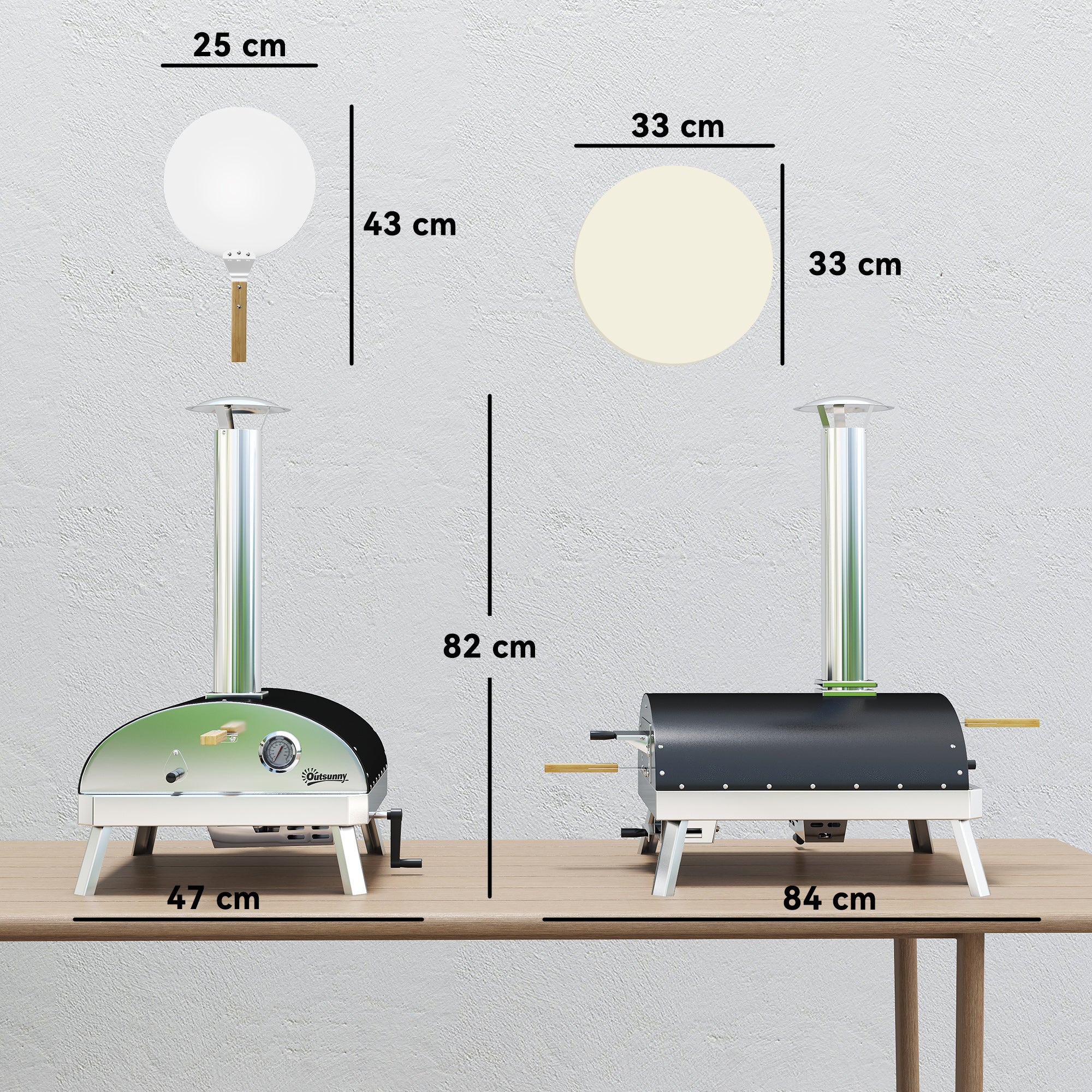 Outsunny Mini Horno de Pizza Exterior Portátil Horno de Leña con Piedra Refractaria Ø33 cm Pala Mangos de Madera Termómetro y Bandeja Giratoria para Jardín Terraza Camping Patio