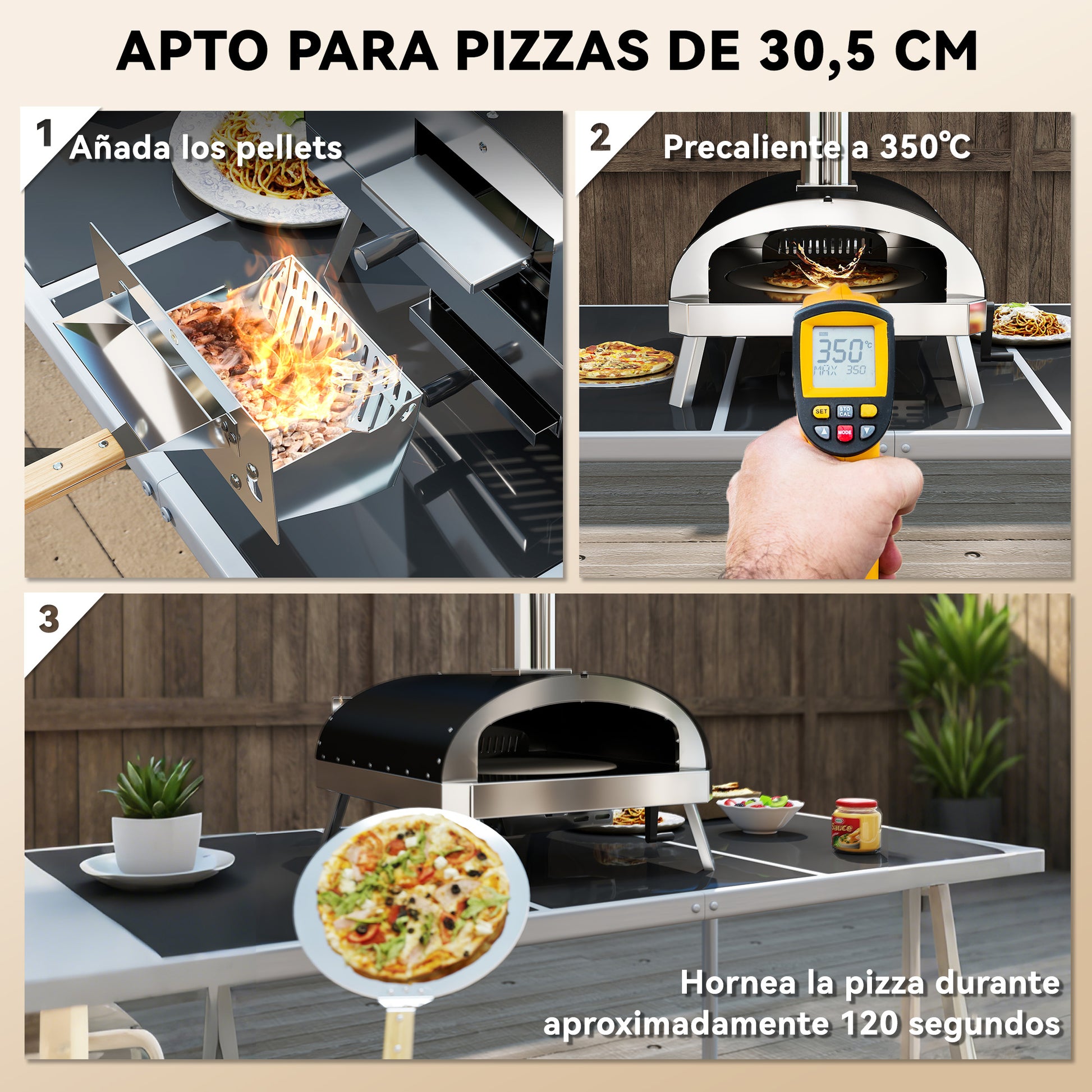 Outsunny Mini Horno de Pizza Exterior Portátil Horno de Leña con Piedra Refractaria Ø33 cm Pala Mangos de Madera Termómetro y Bandeja Giratoria para Jardín Terraza Camping Patio