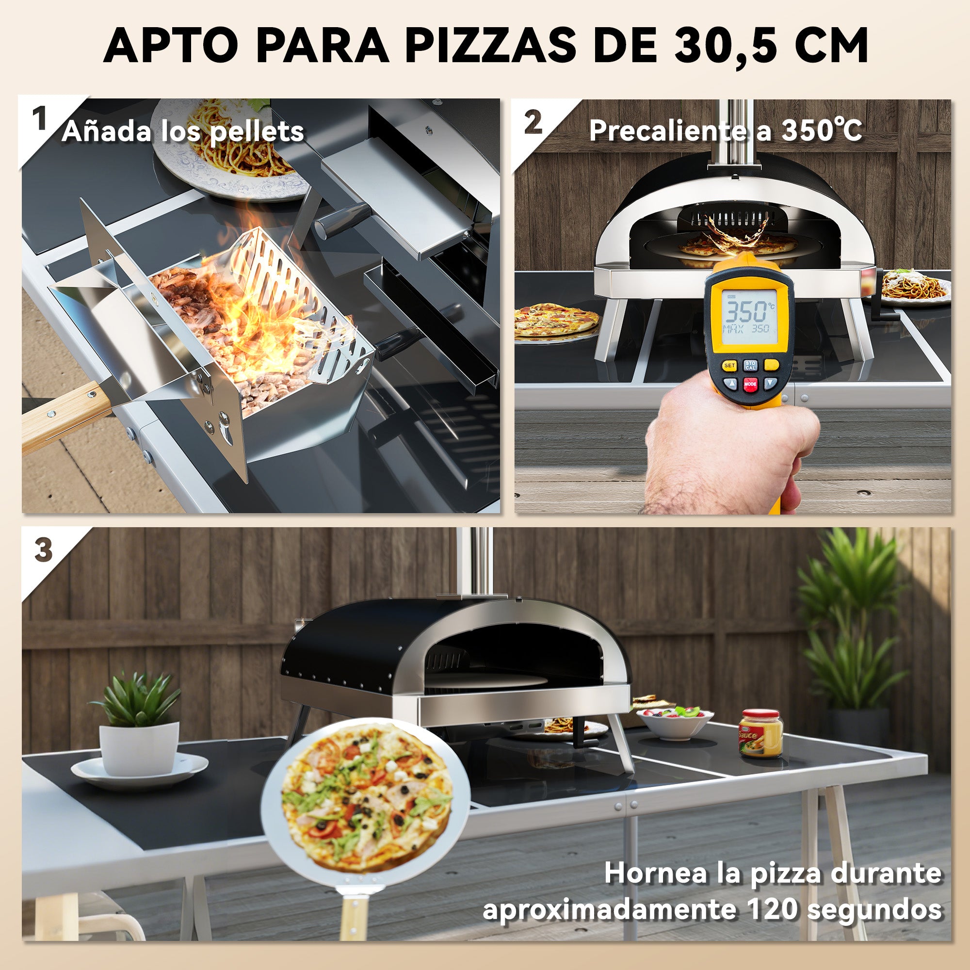 Outsunny Mini Horno de Pizza Exterior Portátil Horno de Leña con Piedra Refractaria Ø33 cm Pala Mangos de Madera Termómetro y Bandeja Giratoria para Jardín Terraza Camping Patio