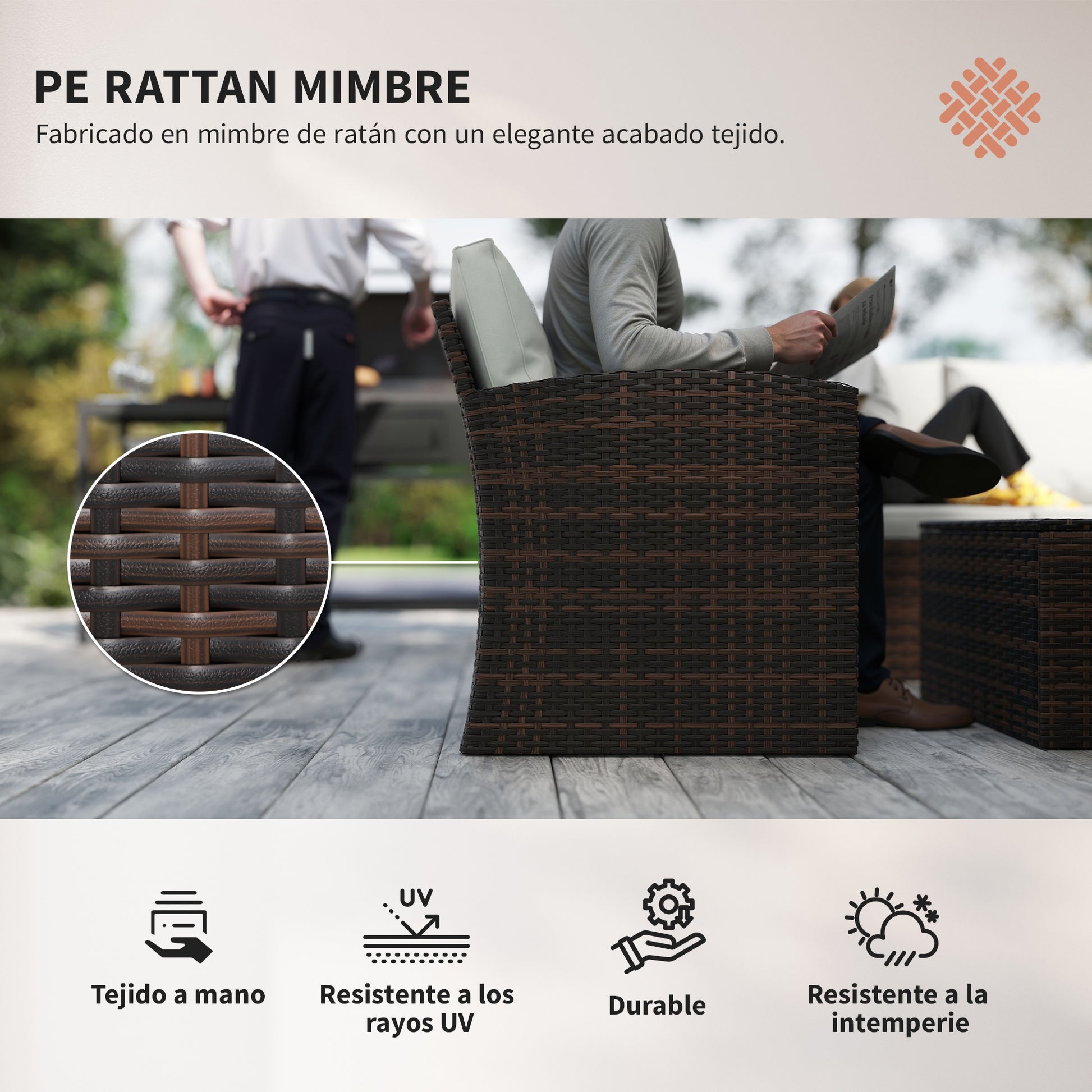 Outsunny Conjunto de Jardín Exterior de Ratán, Conjunto Terraza, Muebles Jardín Exterior 6 Piezas Incluye Cojines, Sofá Doble, Sofá 3 Plazas, 2 Sillones, 2 Mesas Auxiliares con Almacenamiento, Beige