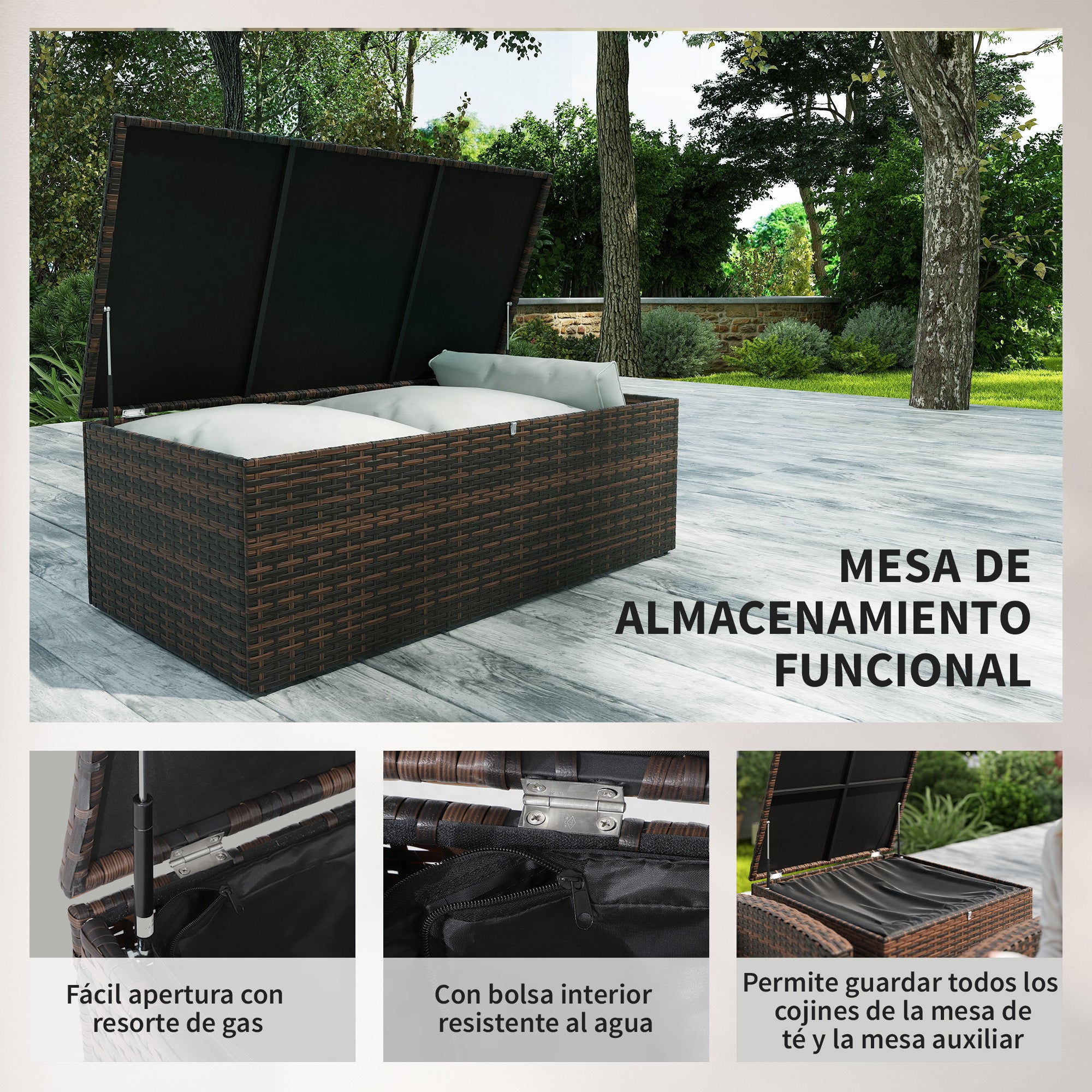 Outsunny Conjunto de Jardín Exterior de Ratán, Conjunto Terraza, Muebles Jardín Exterior 6 Piezas Incluye Cojines, Sofá Doble, Sofá 3 Plazas, 2 Sillones, 2 Mesas Auxiliares con Almacenamiento, Beige
