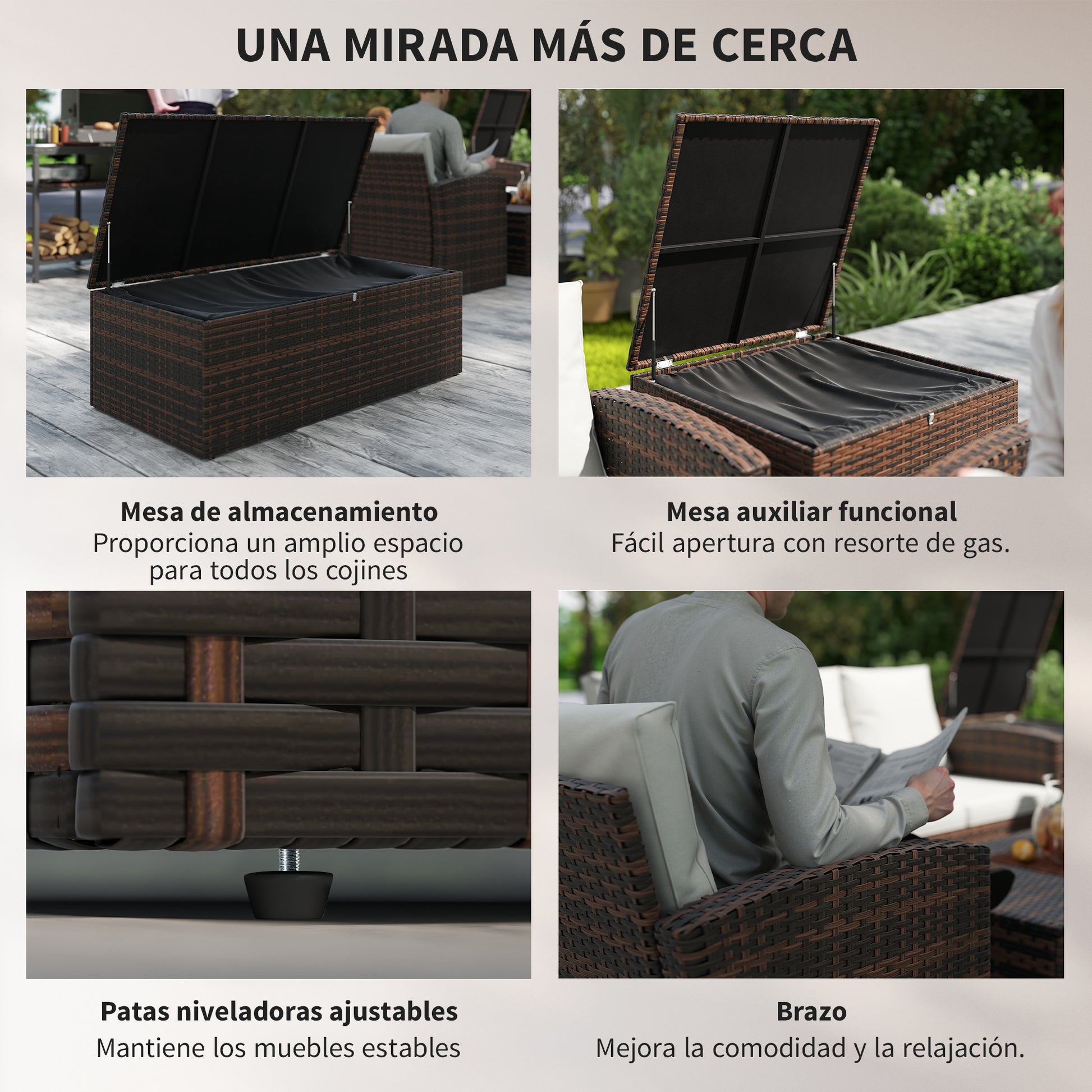 Outsunny Conjunto de Jardín Exterior de Ratán, Conjunto Terraza, Muebles Jardín Exterior 6 Piezas Incluye Cojines, Sofá Doble, Sofá 3 Plazas, 2 Sillones, 2 Mesas Auxiliares con Almacenamiento, Beige