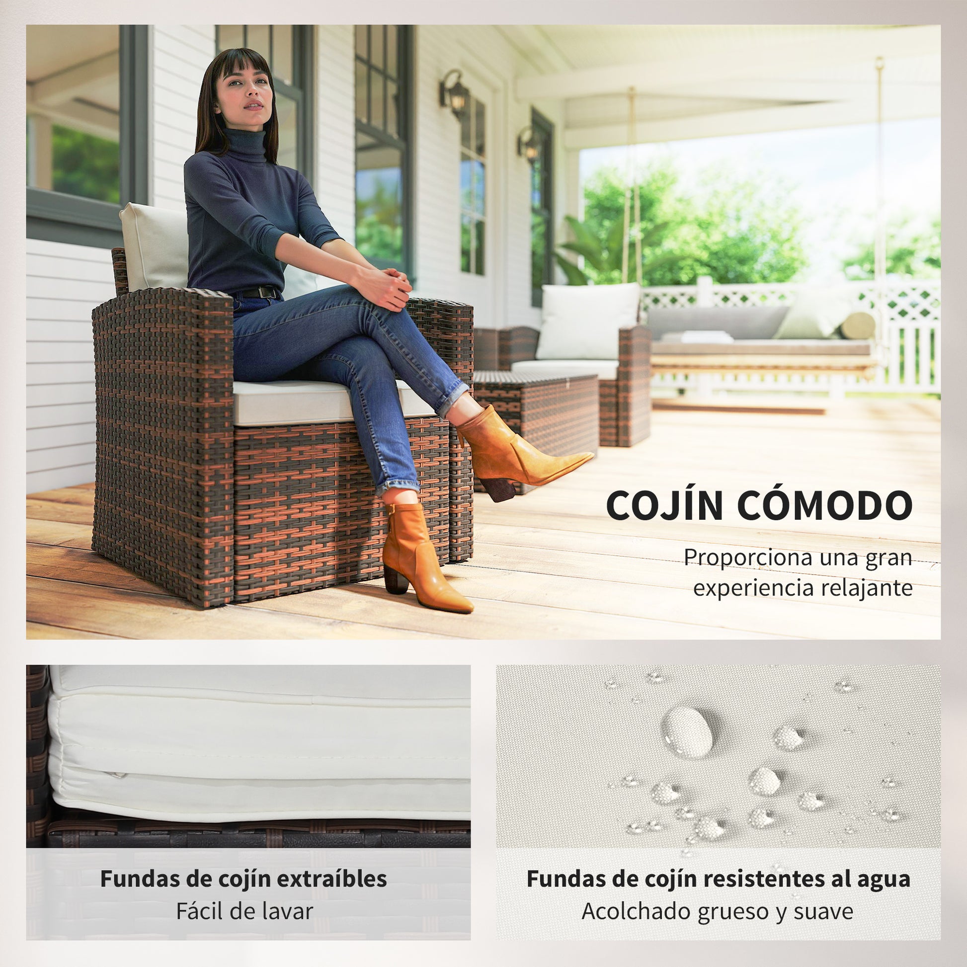 Outsunny Conjunto de Jardín Exterior de Ratán, Conjunto Terraza, Muebles Jardín Exterior 6 Piezas Incluye Cojines, Sofá Doble, Sofá 3 Plazas, 2 Sillones, 2 Mesas Auxiliares con Almacenamiento, Beige
