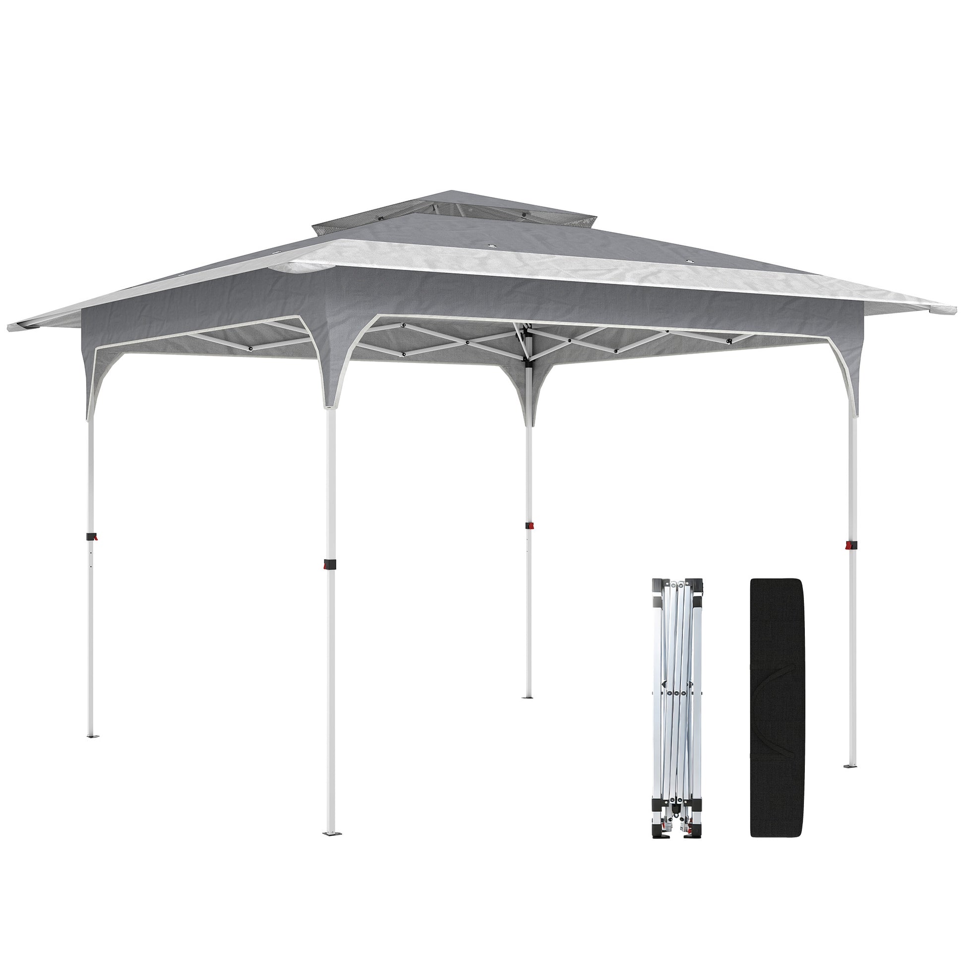 Outsunny Carpa Plegable 3,5x3,5 m, Pop-up, Cenador Pabellón de Jardín con Doble Techo, Cierre Central, UPF50+, Altura Ajustable de 3 Niveles y Bolsa de Transporte, Gazebo para Fiestas, Exterior, Gris