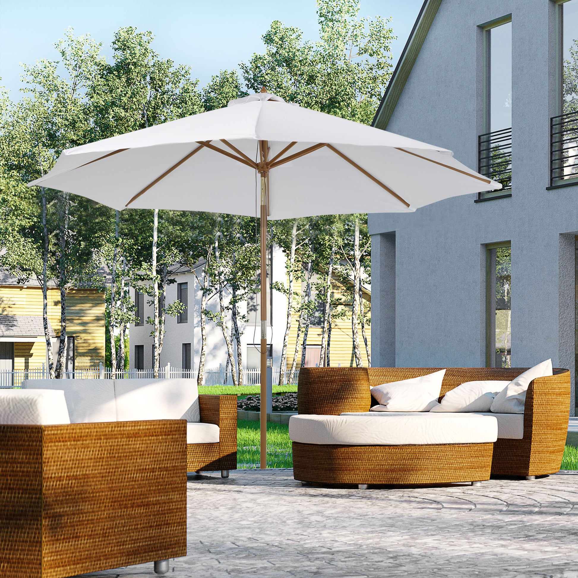 Outsunny Sombrilla Parasol de Madera Grande Ø300x250cm para Exterior Jardín Patio Altura Ajustable en 3 Niveles Desmontable Portátil Fácil de Guardar y Transportar Color Marfil