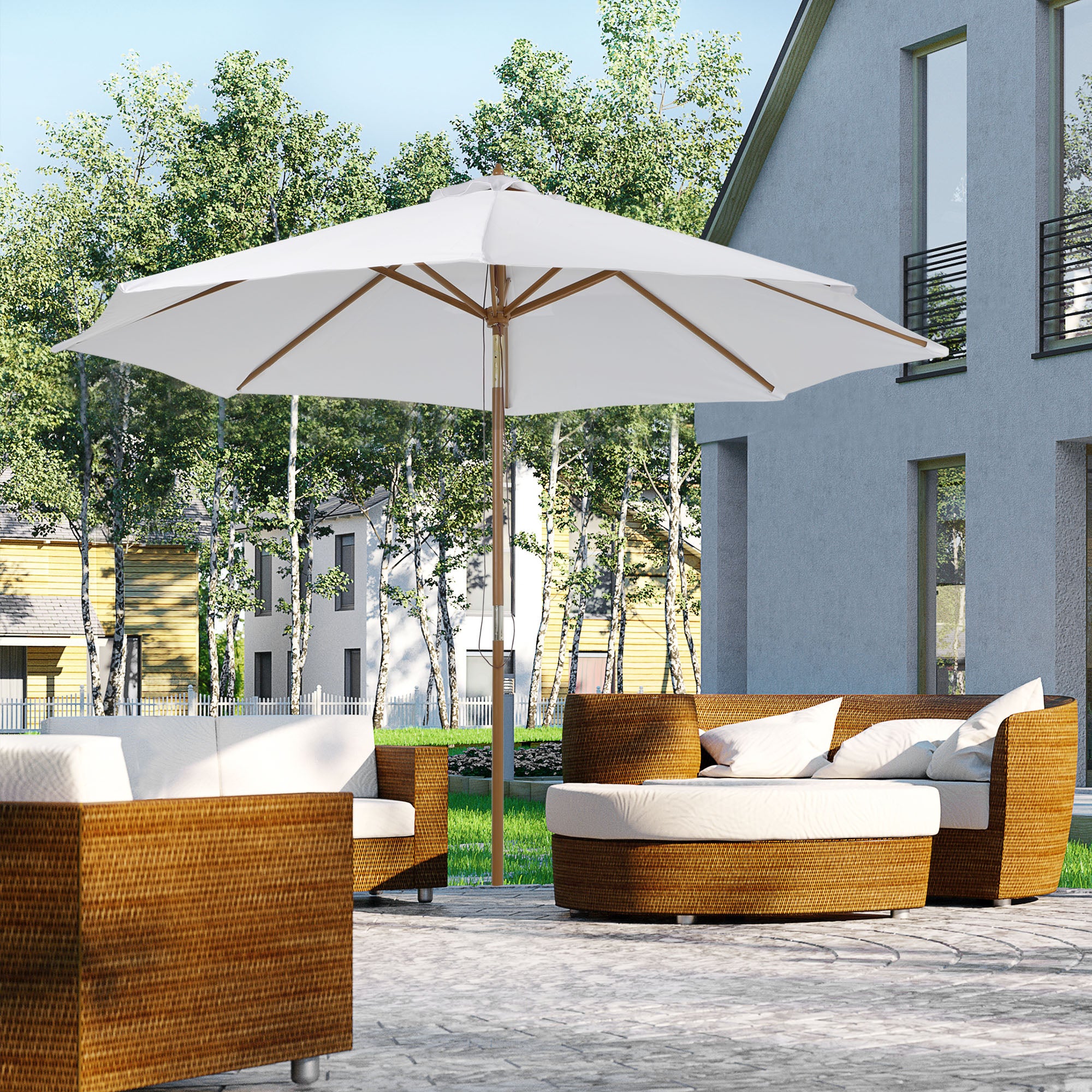 Outsunny Sombrilla Parasol de Madera Grande Ø300x250cm para Exterior Jardín Patio Altura Ajustable en 3 Niveles Desmontable Portátil Fácil de Guardar y Transportar Color Marfil