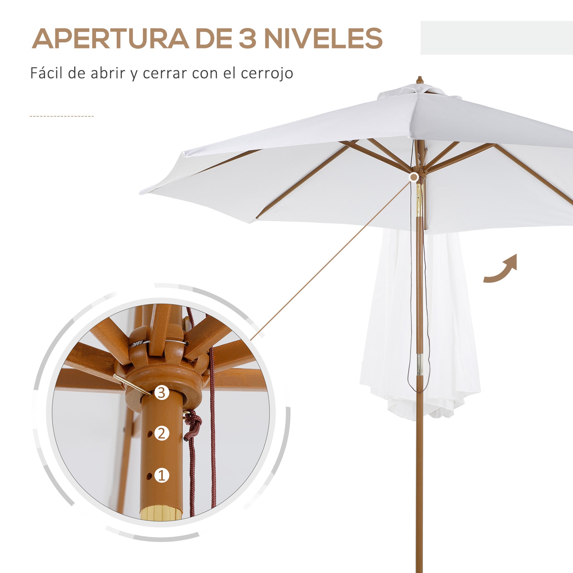 Outsunny Sombrilla Parasol de Madera Grande Ø300x250cm para Exterior Jardín Patio Altura Ajustable en 3 Niveles Desmontable Portátil Fácil de Guardar y Transportar Color Marfil