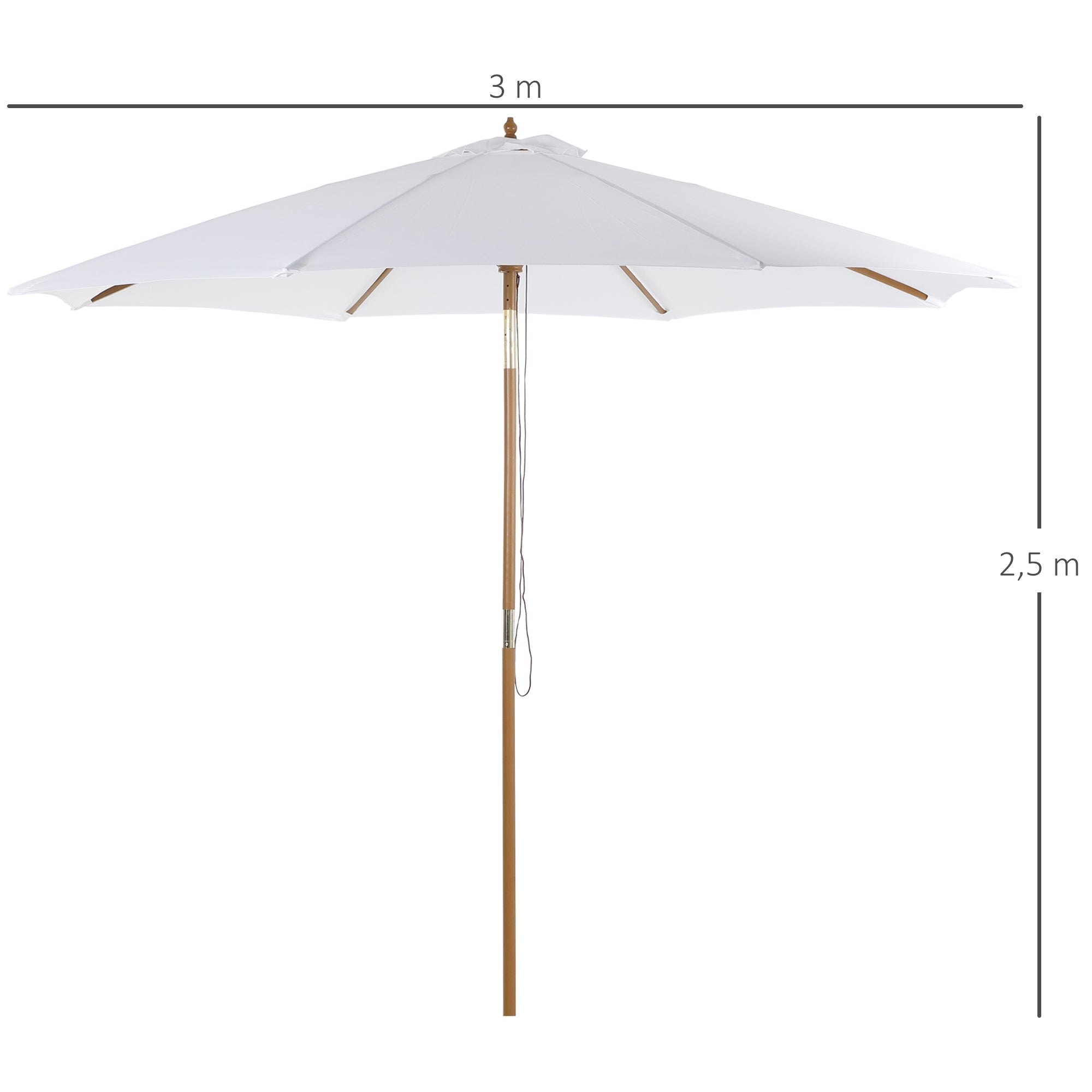 Outsunny Sombrilla Parasol de Madera Grande Ø300x250cm para Exterior Jardín Patio Altura Ajustable en 3 Niveles Desmontable Portátil Fácil de Guardar y Transportar Color Marfil