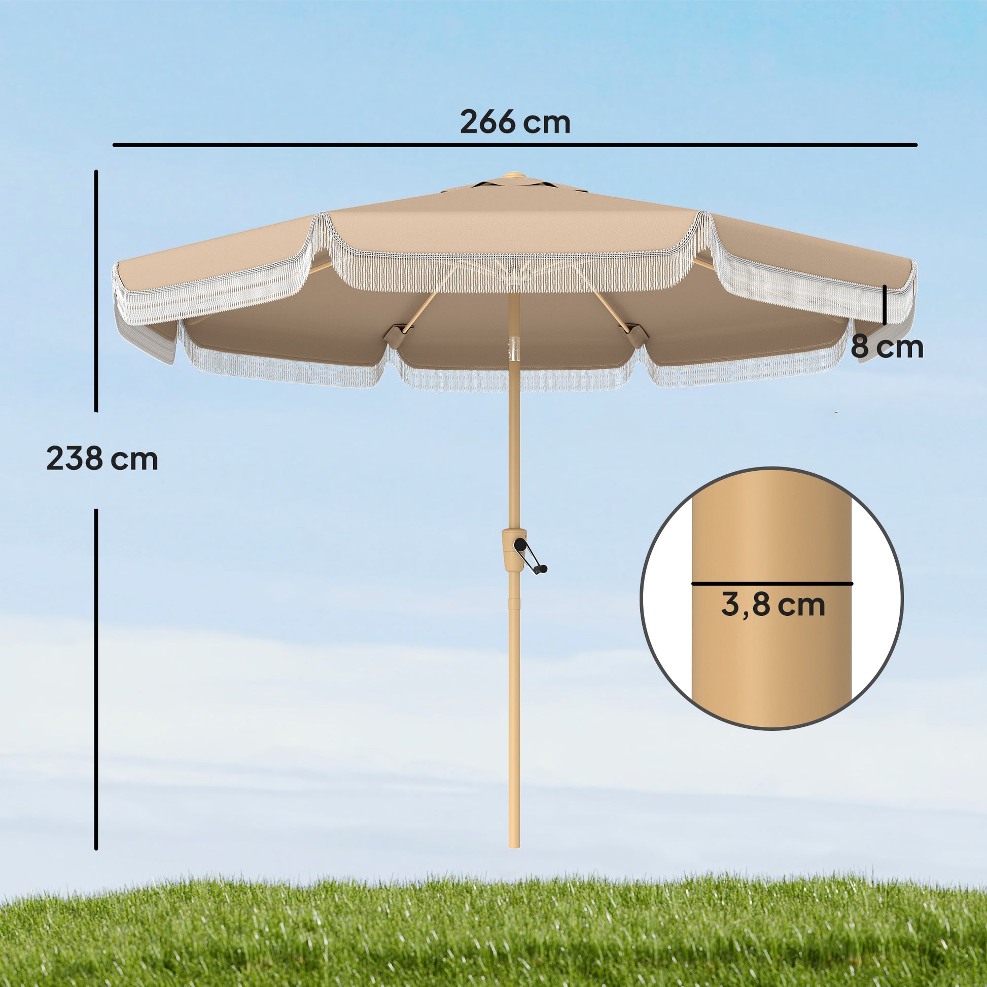 Outsunny Sombrilla Terraza Exterior, Ø266x238 cm, Sombrilla de Jardín con Ángulo Ajustable 30°, Manivela, Flecos y Ventilación, Impermeable, Parasol para Terraza, Playa, Patio, Balcón, Caqui