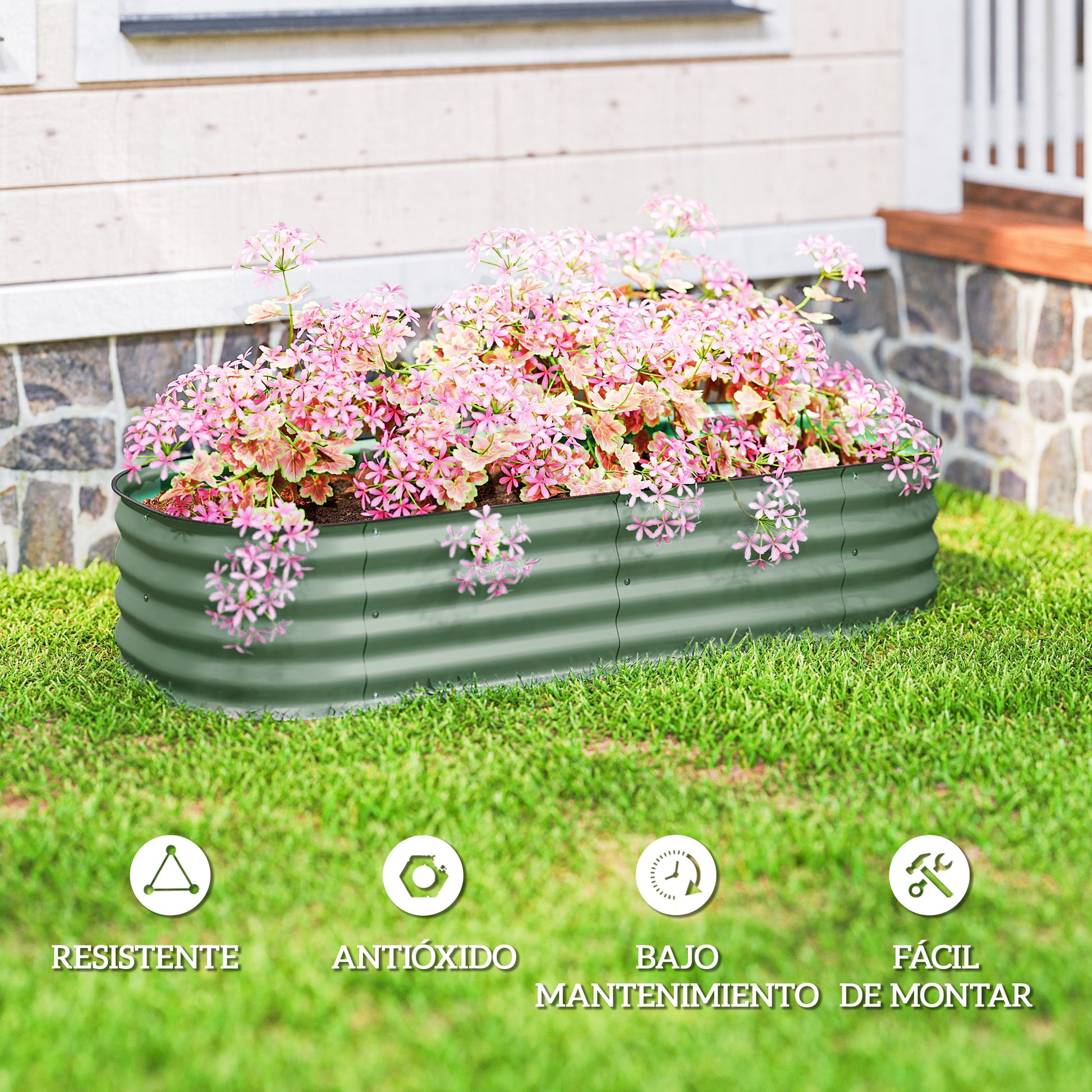 Outsunny Jardinera Exterior Grande de Acero Galvanizado, Huerto Urbano para Cultivar Plantas, Macetero Exterior con Bordes de Seguridad, Fácil Montaje, Resistente a la Intemperie, 150x62x30 cm, Verde