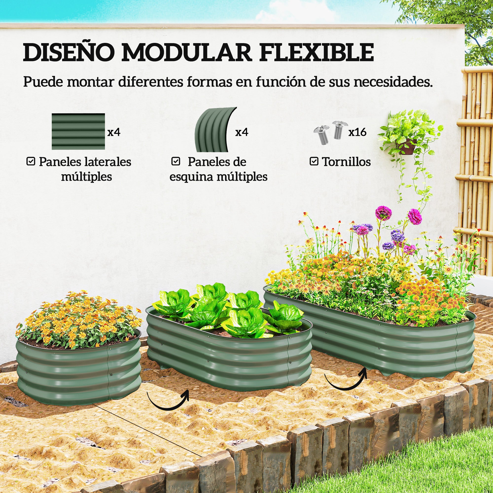 Outsunny Jardinera Exterior Grande de Acero Galvanizado, Huerto Urbano para Cultivar Plantas, Macetero Exterior con Bordes de Seguridad, Fácil Montaje, Resistente a la Intemperie, 150x62x30 cm, Verde