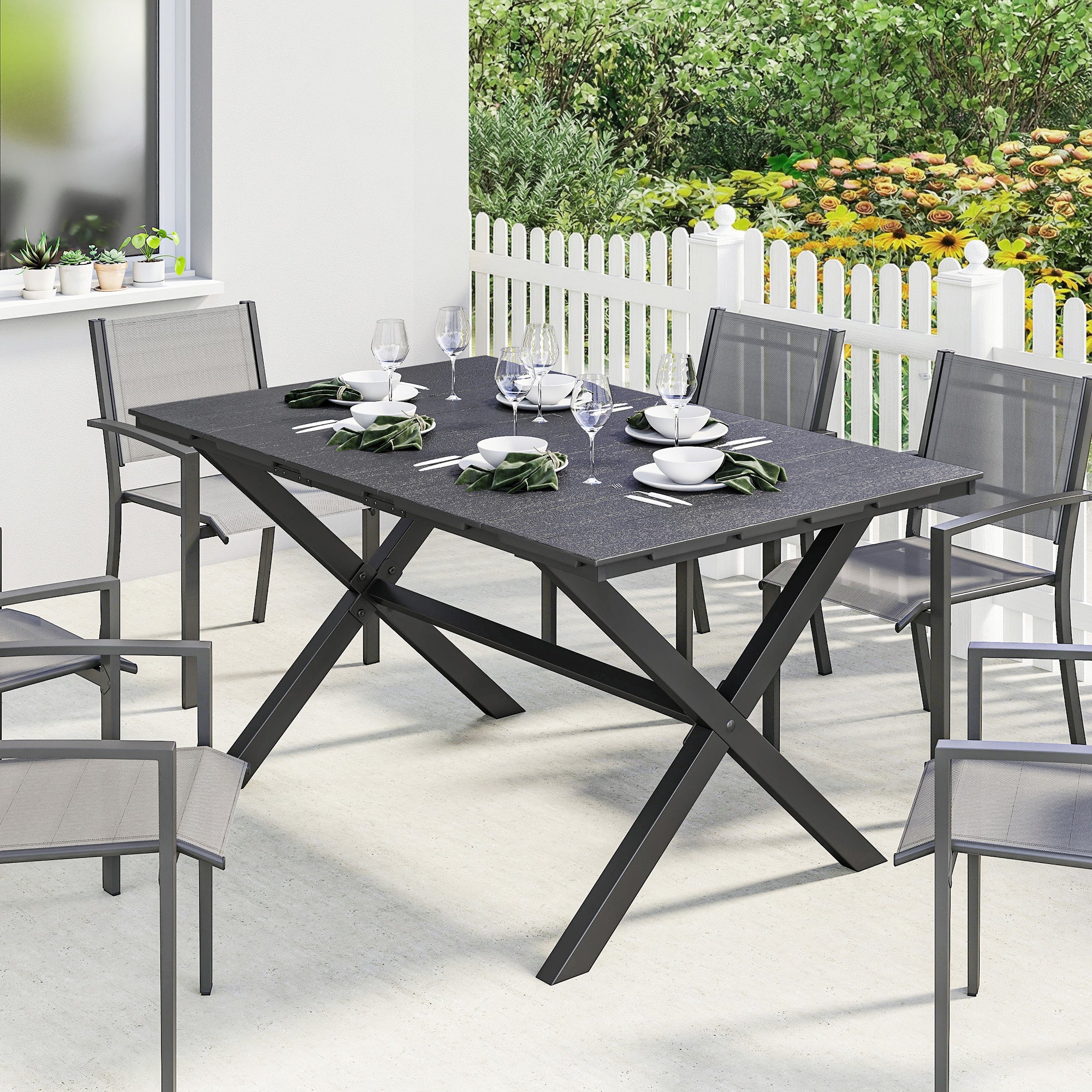 Outsunny Mesa de Comedor de Jardín Rectangular, Mesa de Terraza Exterior 150x90x74 cm, con Encimera de HDPE de Listones y Estructura Metálica, para 6 Personas, Carga 50 kg, para Patio, Balcón, Negro