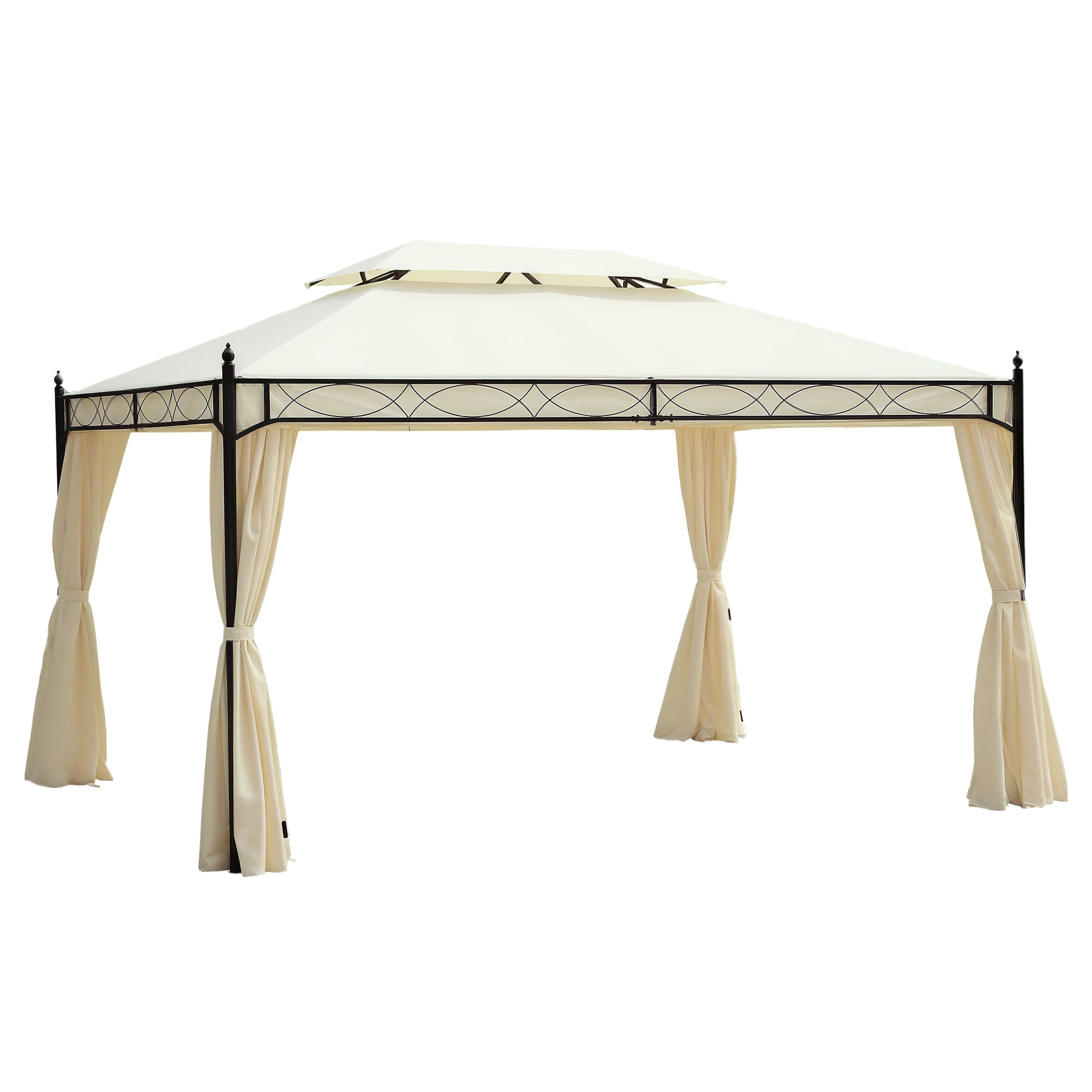 Outsunny Cenador de Jardín 4x3m Pabellón con Techo Doble Transpirable y 4 Cortinas Laterales Extraíbles Carpa de Acero Anti-UV Gazebo para Fiestas Bodas Eventos al Aire Libre Crema