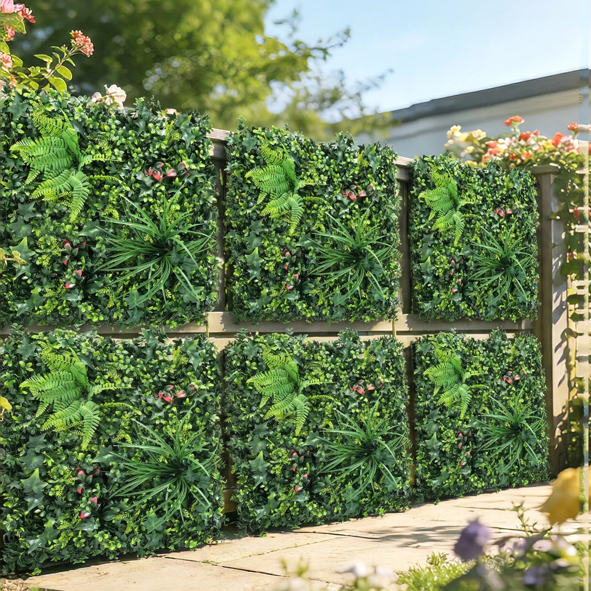 Outsunny Set de 6 Setos Artificiales Ocultación Jardín, 50x50 cm, Pantallas de Valla de Privacidad Tipo Milán, Fácil Montaje, Anti-UV, para Terraza, Balcón, Exterior, Decoración de Hojas, Verde