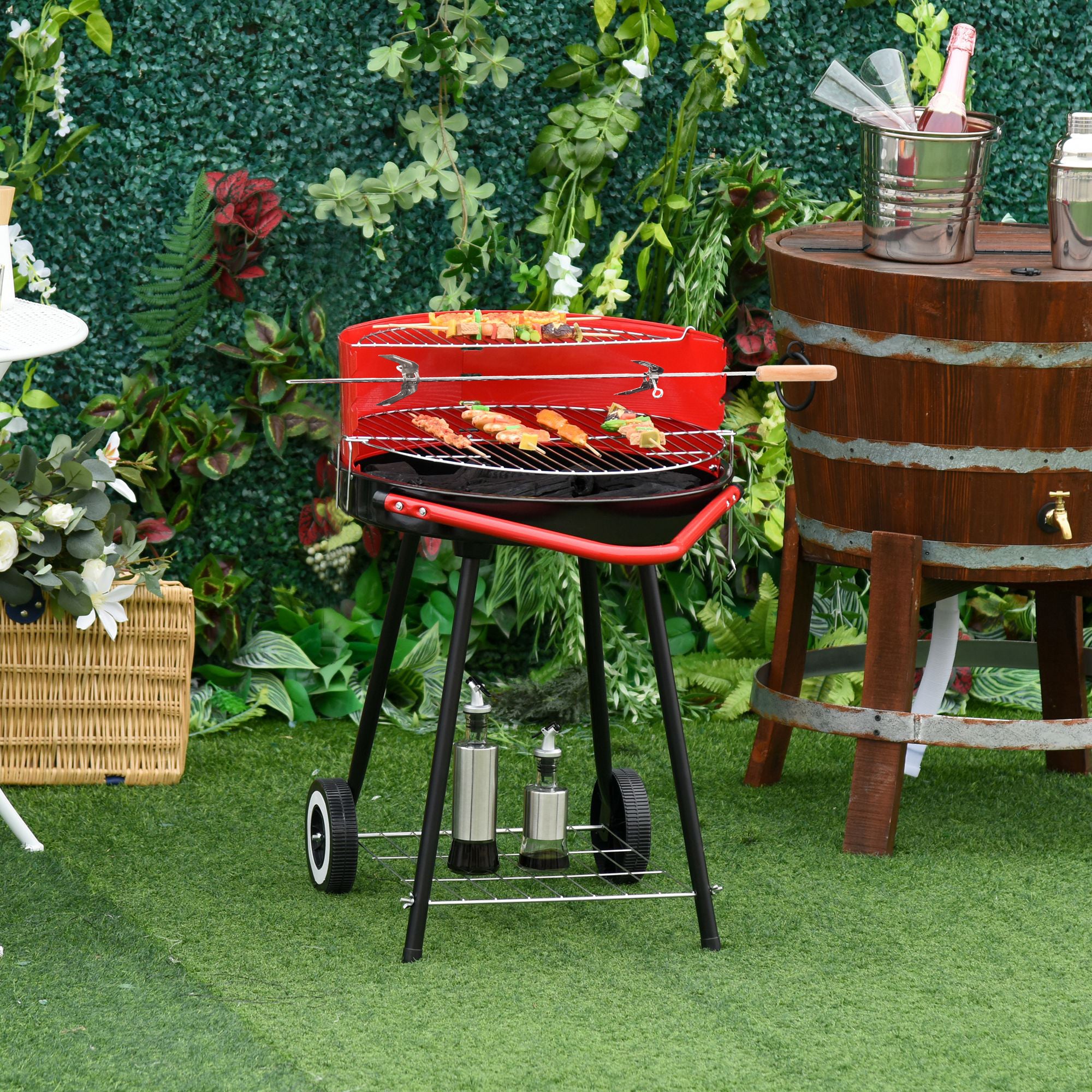 Outsunny Parilla para Barbacoa de Carbón con Rejilla a Diferentes Alturas Parilla de Calentamiento con Estante Redondo para Almacenaje 51x70x75,5 cm Rojo y Negro