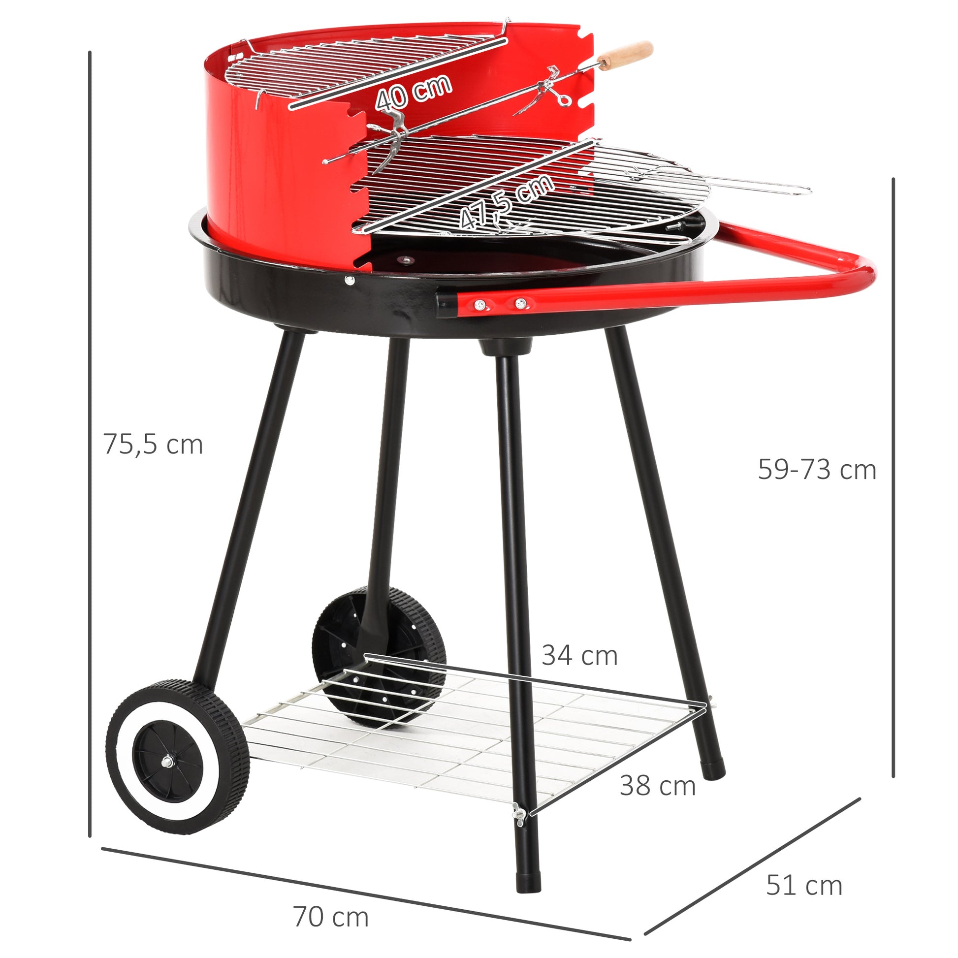 Outsunny Parilla para Barbacoa de Carbón con Rejilla a Diferentes Alturas Parilla de Calentamiento con Estante Redondo para Almacenaje 51x70x75,5 cm Rojo y Negro