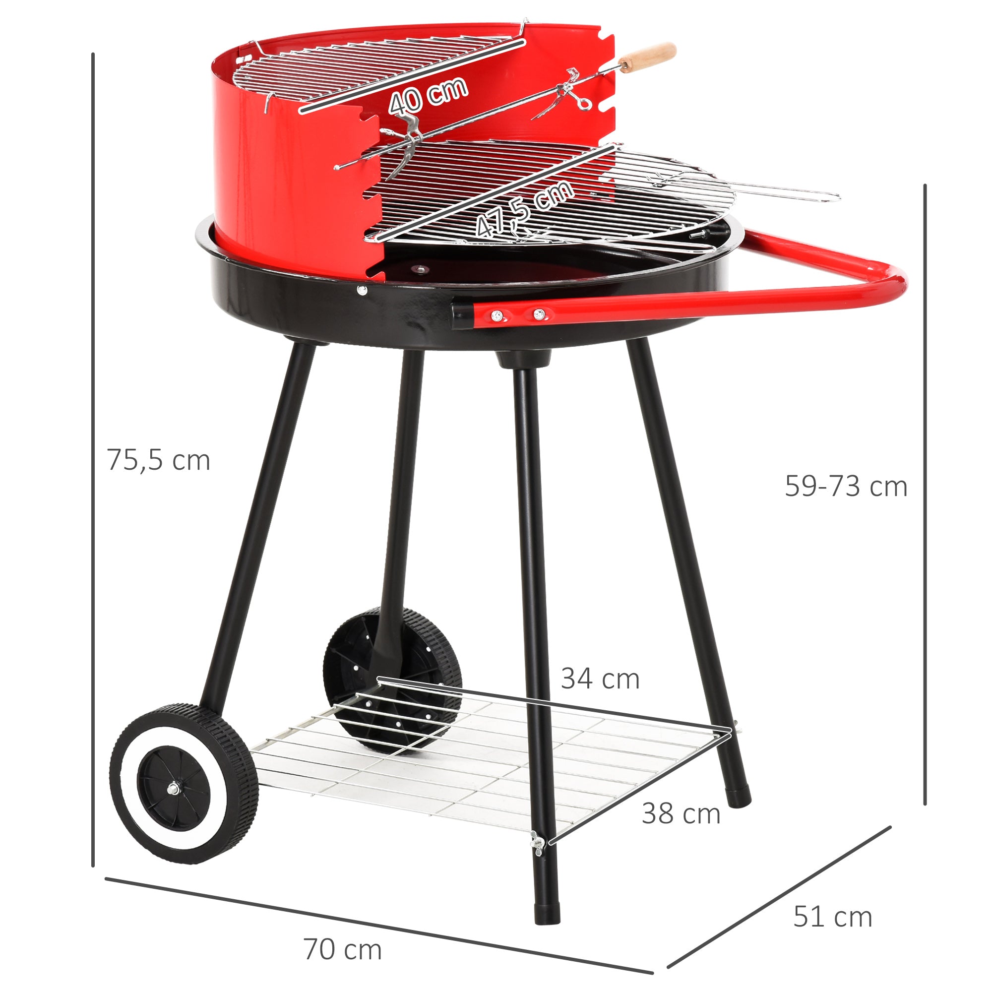 Outsunny Parilla para Barbacoa de Carbón con Rejilla a Diferentes Alturas Parilla de Calentamiento con Estante Redondo para Almacenaje 51x70x75,5 cm Rojo y Negro