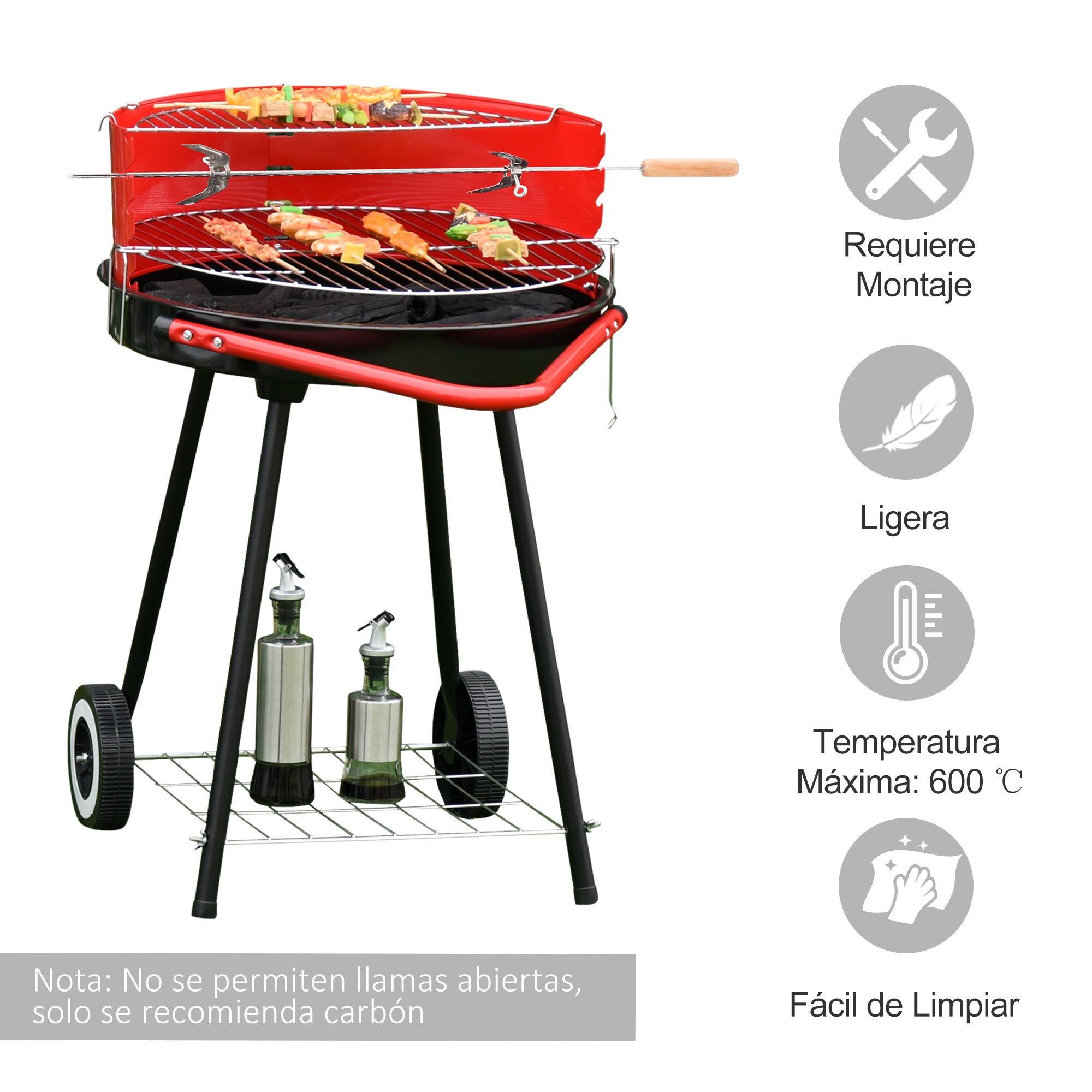 Outsunny Parilla para Barbacoa de Carbón con Rejilla a Diferentes Alturas Parilla de Calentamiento con Estante Redondo para Almacenaje 51x70x75,5 cm Rojo y Negro