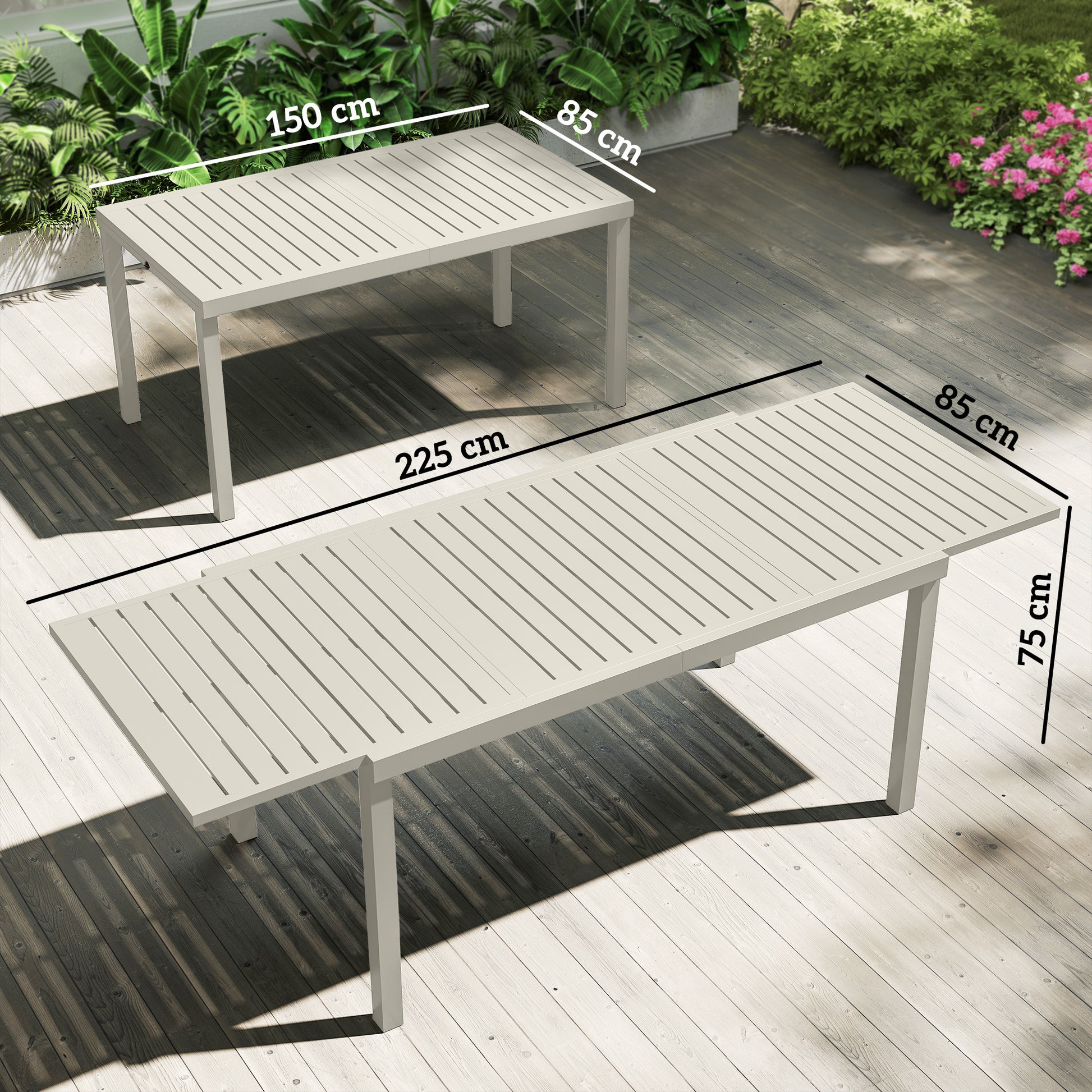 Outsunny Mesa de Jardín Extensible 150/225x85x75 cm, Mesa de Comedor Exterior Extensible Rectangular de Aluminio, con Tablero de Listones para 6-8 Personas, para Patio, Terraza, Blanco