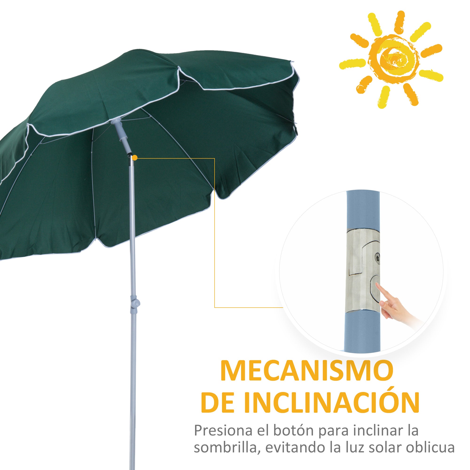 Outsunny Sombrilla de Playa Diámetro de Ø202 cm con Techo Inclinable Poste Desmontable y Pincho Inferior para Jardín Verde