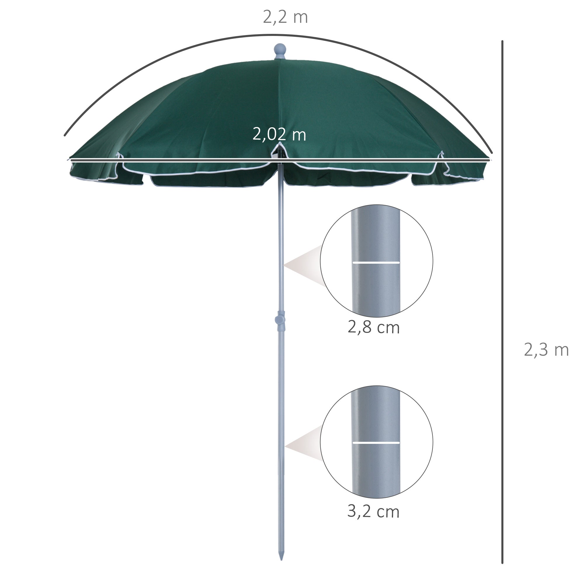 Outsunny Sombrilla de Playa Diámetro de Ø202 cm con Techo Inclinable Poste Desmontable y Pincho Inferior para Jardín Verde