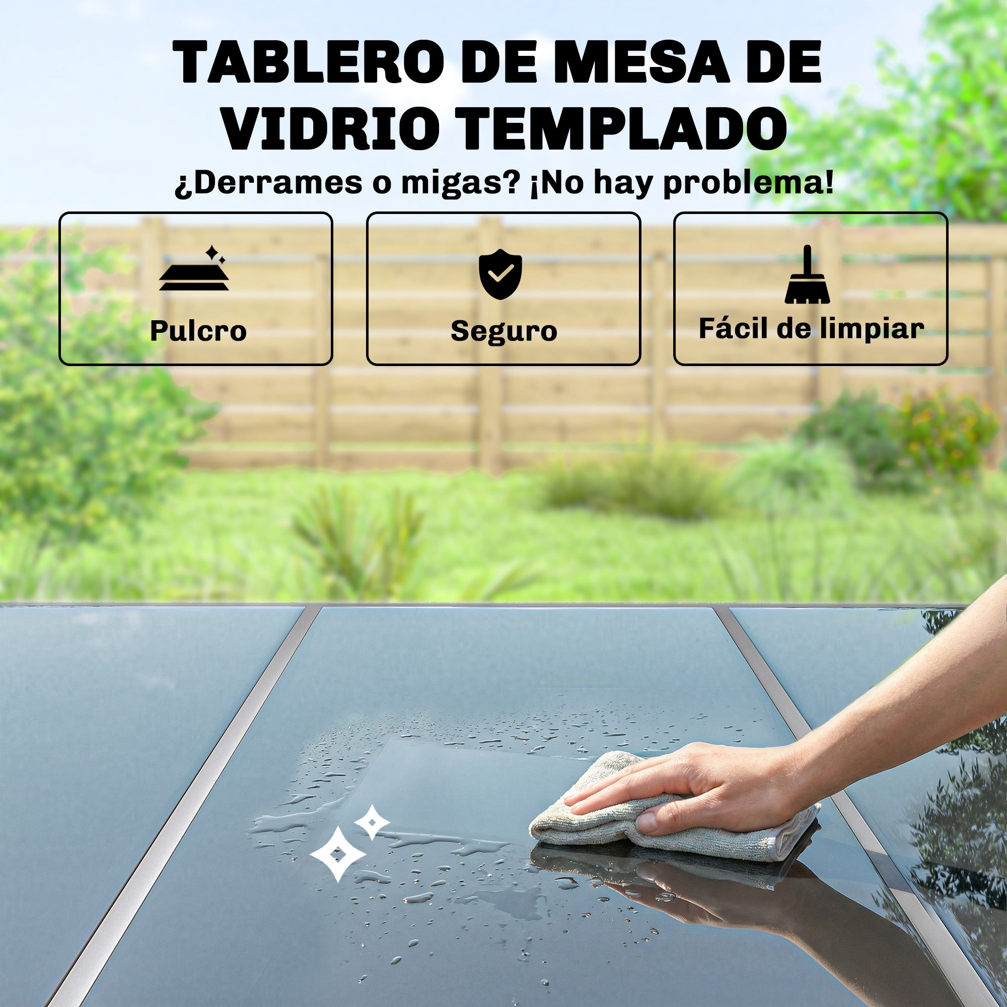 Outsunny Conjunto de Mesa y Sillas Jardín de 7 Piezas, Muebles Jardín Exterior con Mesa de Vidrio Templado, 6 Sillas Apilables Transpirables, Marco de Metal Resistente a la Intemperie, Negro y Plata