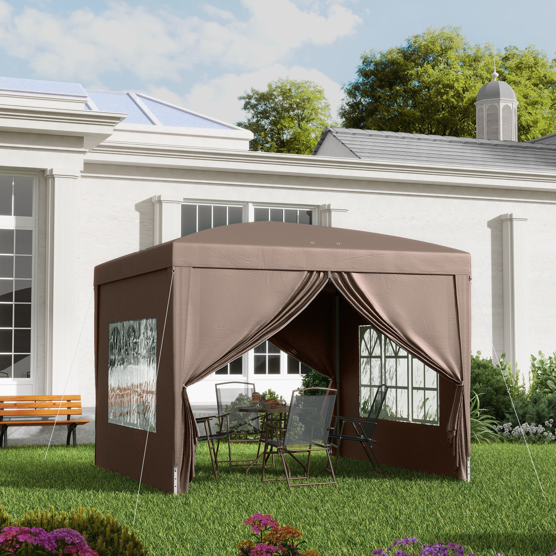 Outsunny Carpa Plegable Pop-up Gazebo 3x3 m Cenador Plegable con 4 Paredes Laterales Anti-UV y Bolsa de Transporte para Camping Fiestas Café