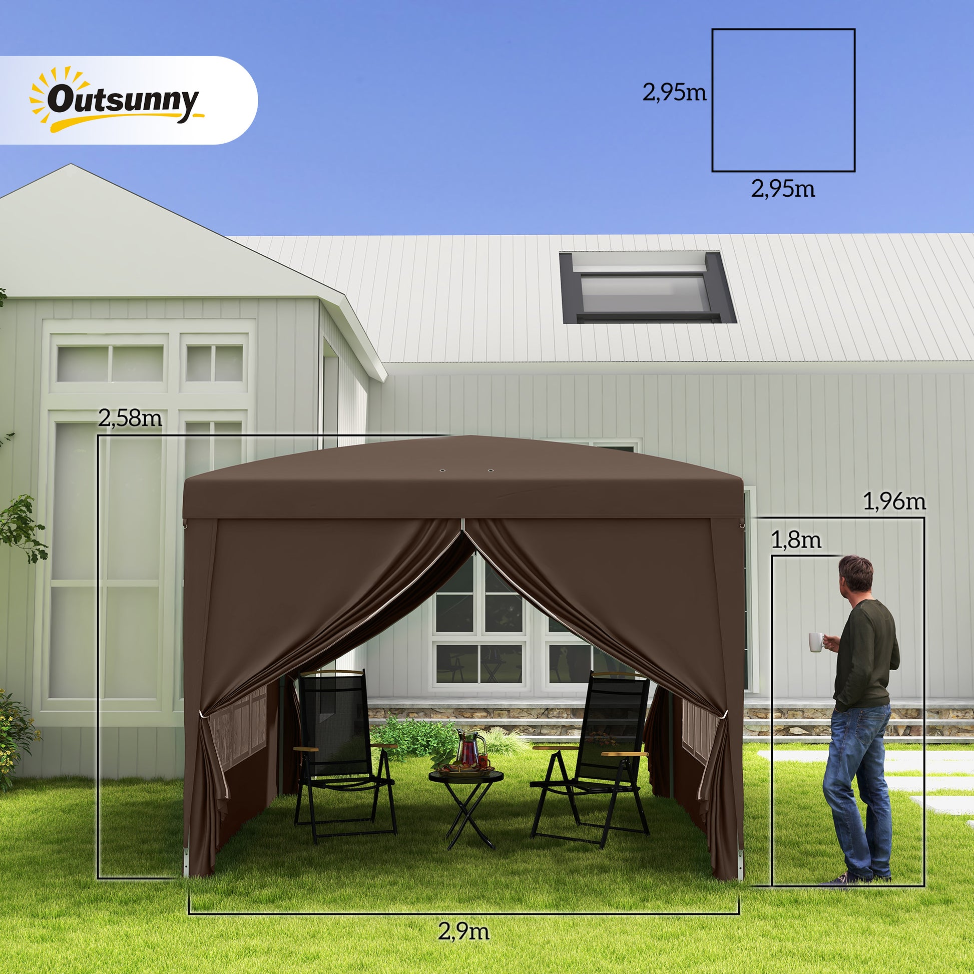 Outsunny Carpa Plegable Pop-up Gazebo 3x3 m Cenador Plegable con 4 Paredes Laterales Anti-UV y Bolsa de Transporte para Camping Fiestas Café