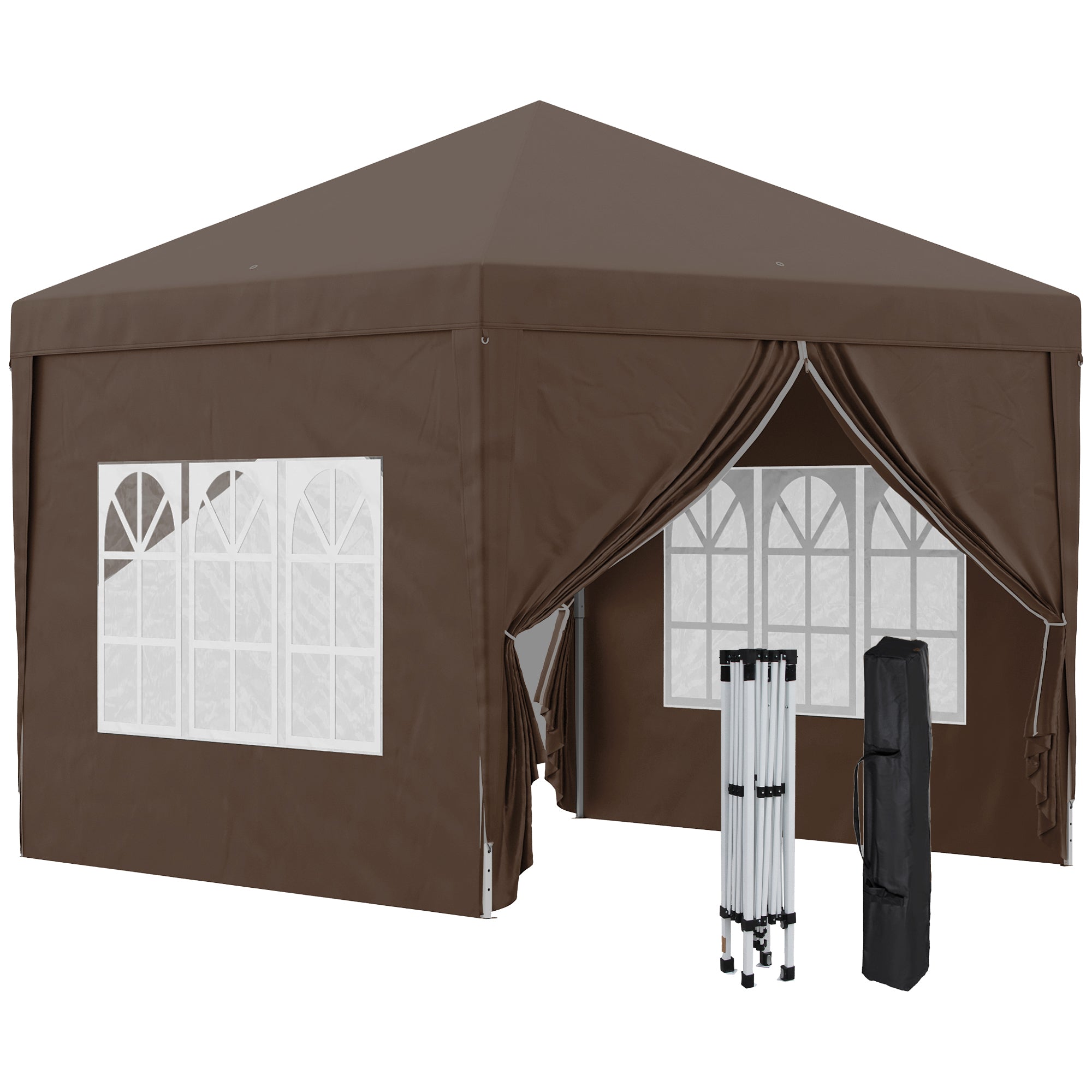 Outsunny Carpa Plegable Pop-up Gazebo 3x3 m Cenador Plegable con 4 Paredes Laterales Anti-UV y Bolsa de Transporte para Camping Fiestas Café