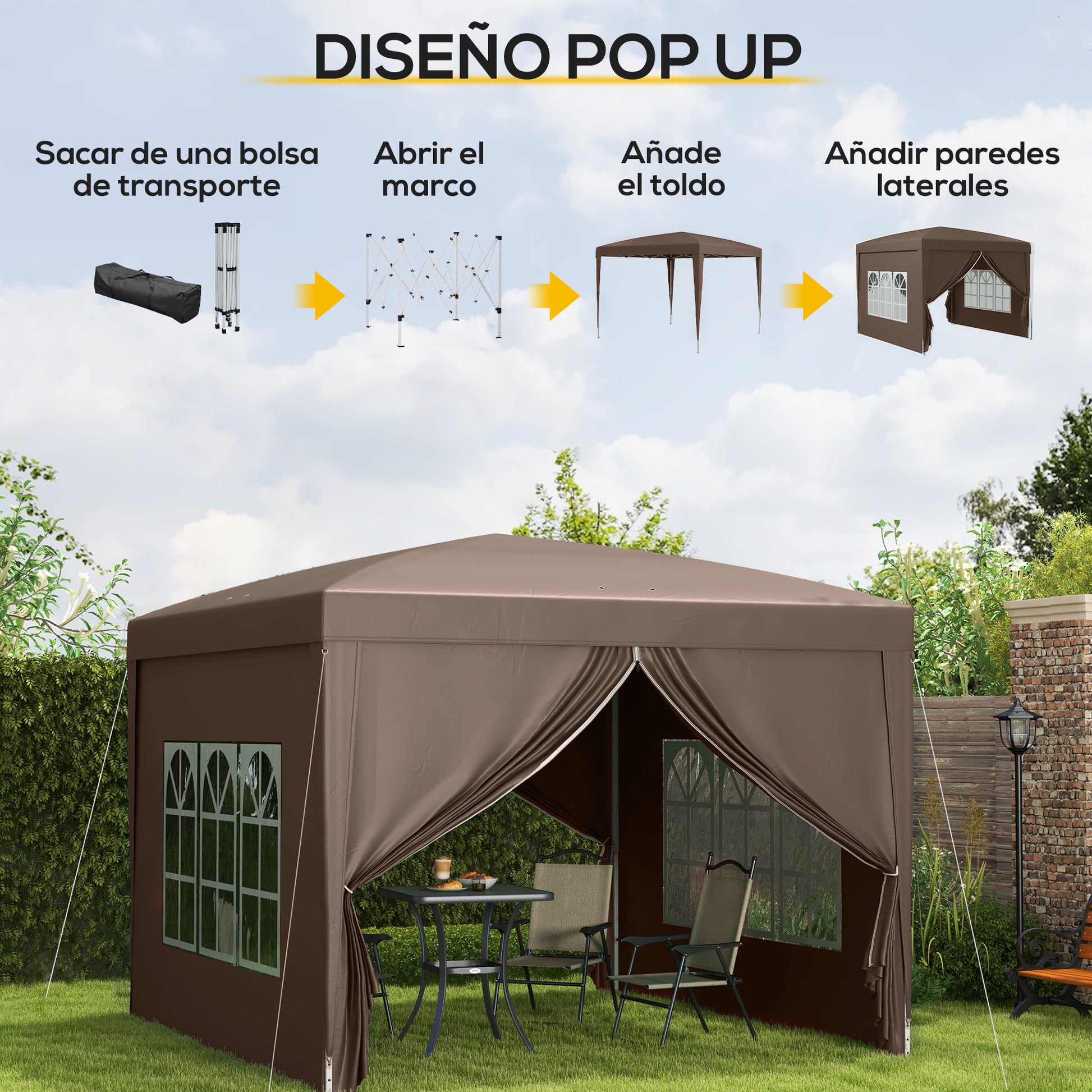 Outsunny Carpa Plegable Pop-up Gazebo 3x3 m Cenador Plegable con 4 Paredes Laterales Anti-UV y Bolsa de Transporte para Camping Fiestas Café