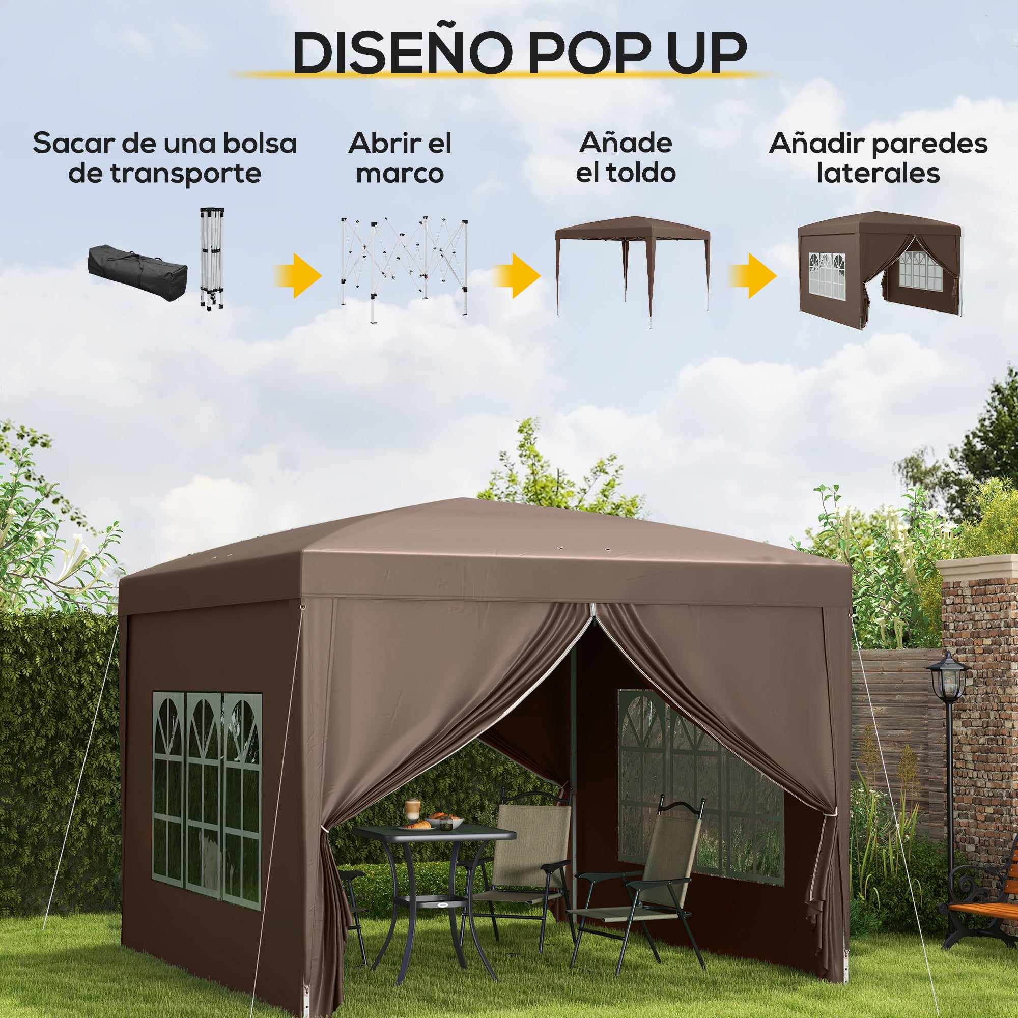 Outsunny Carpa Plegable Pop-up Gazebo 3x3 m Cenador Plegable con 4 Paredes Laterales Anti-UV y Bolsa de Transporte para Camping Fiestas Café